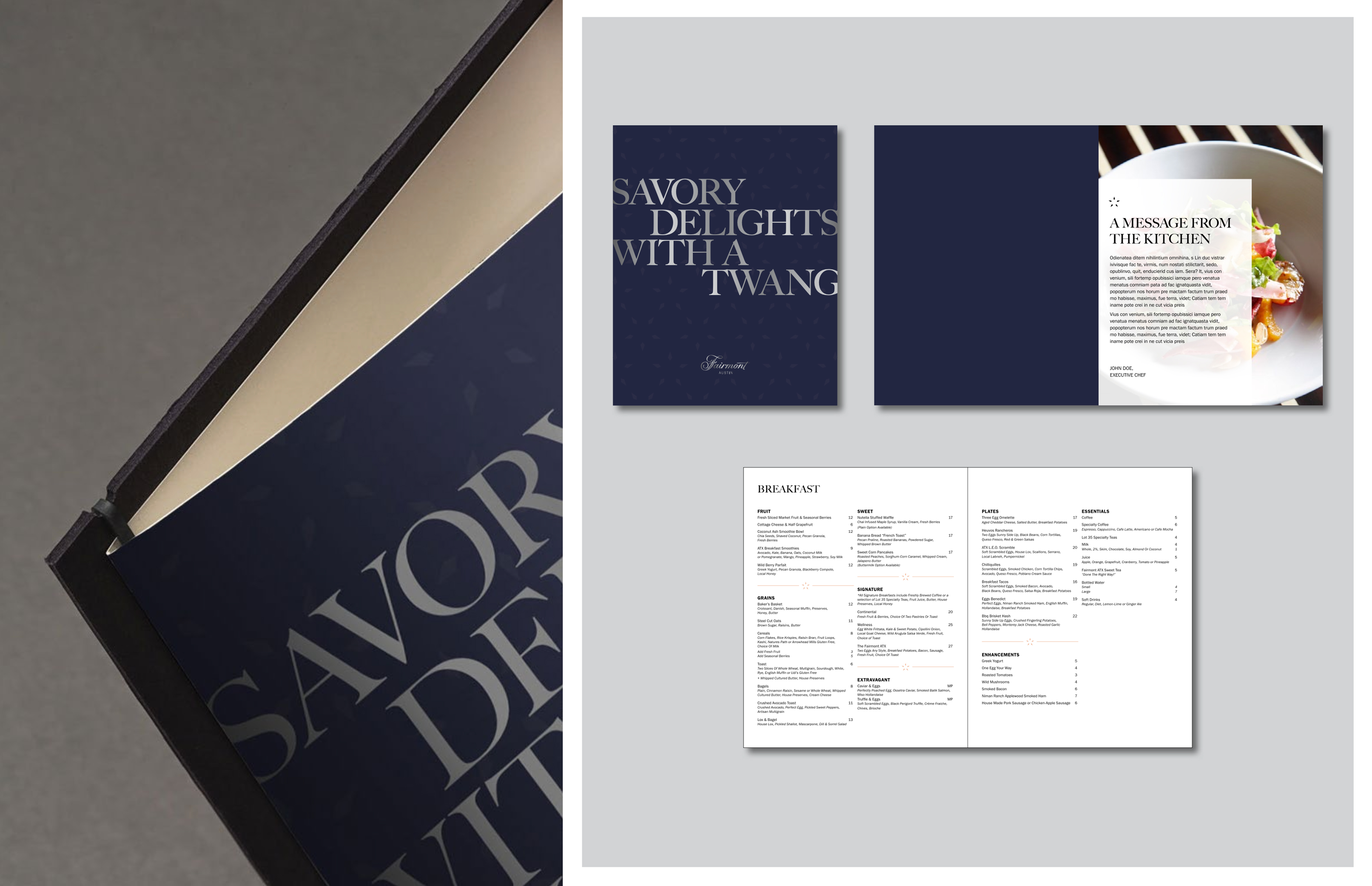 A navy blue cookbook titled "Savory Delights with a Twang" is shown partially open and displayed with page spreads featuring recipes and a food photo.