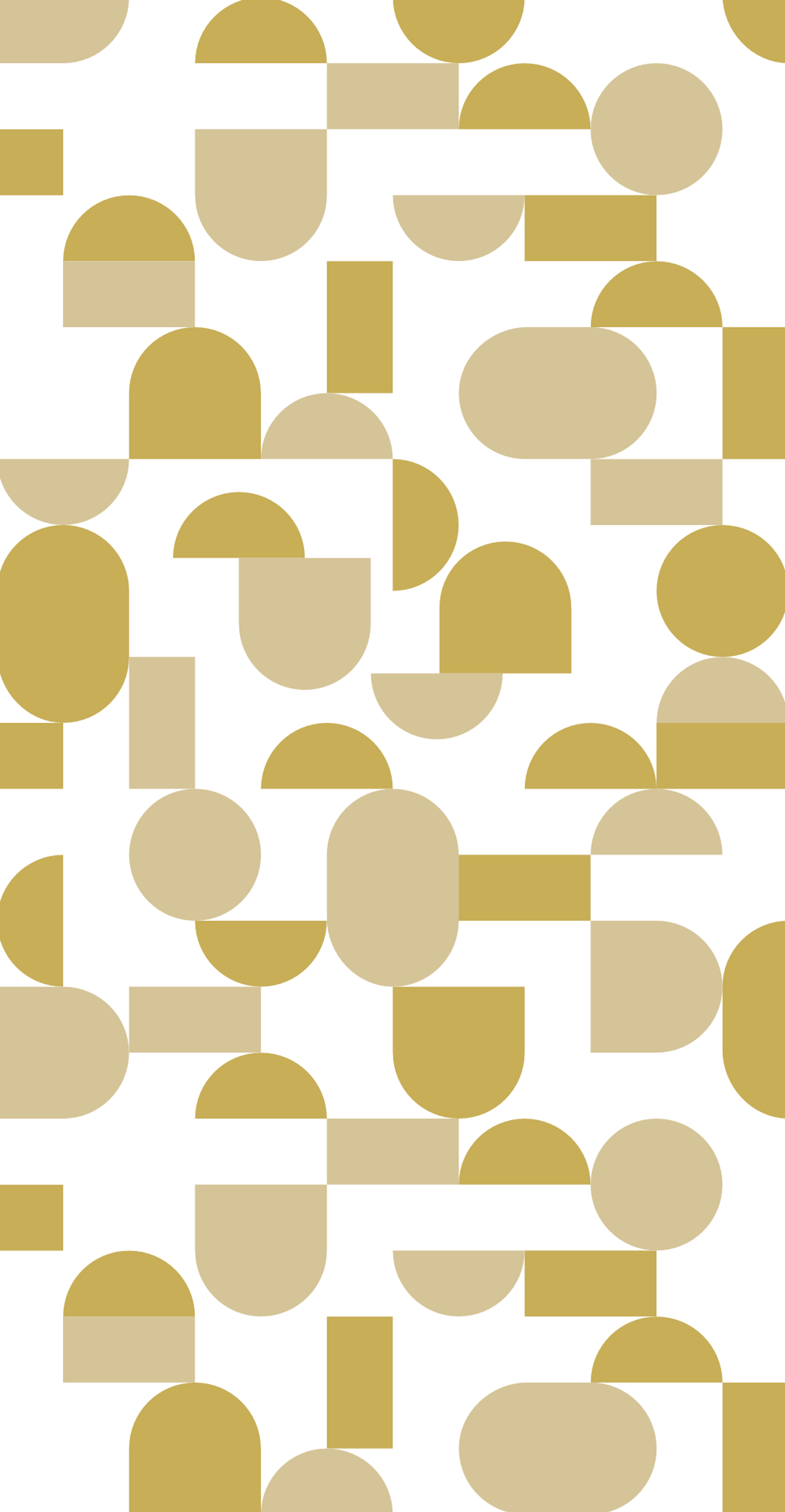 Abstract pattern of rounded geometric shapes in gold and beige tones arranged in a seamless, repeating grid on a white background.