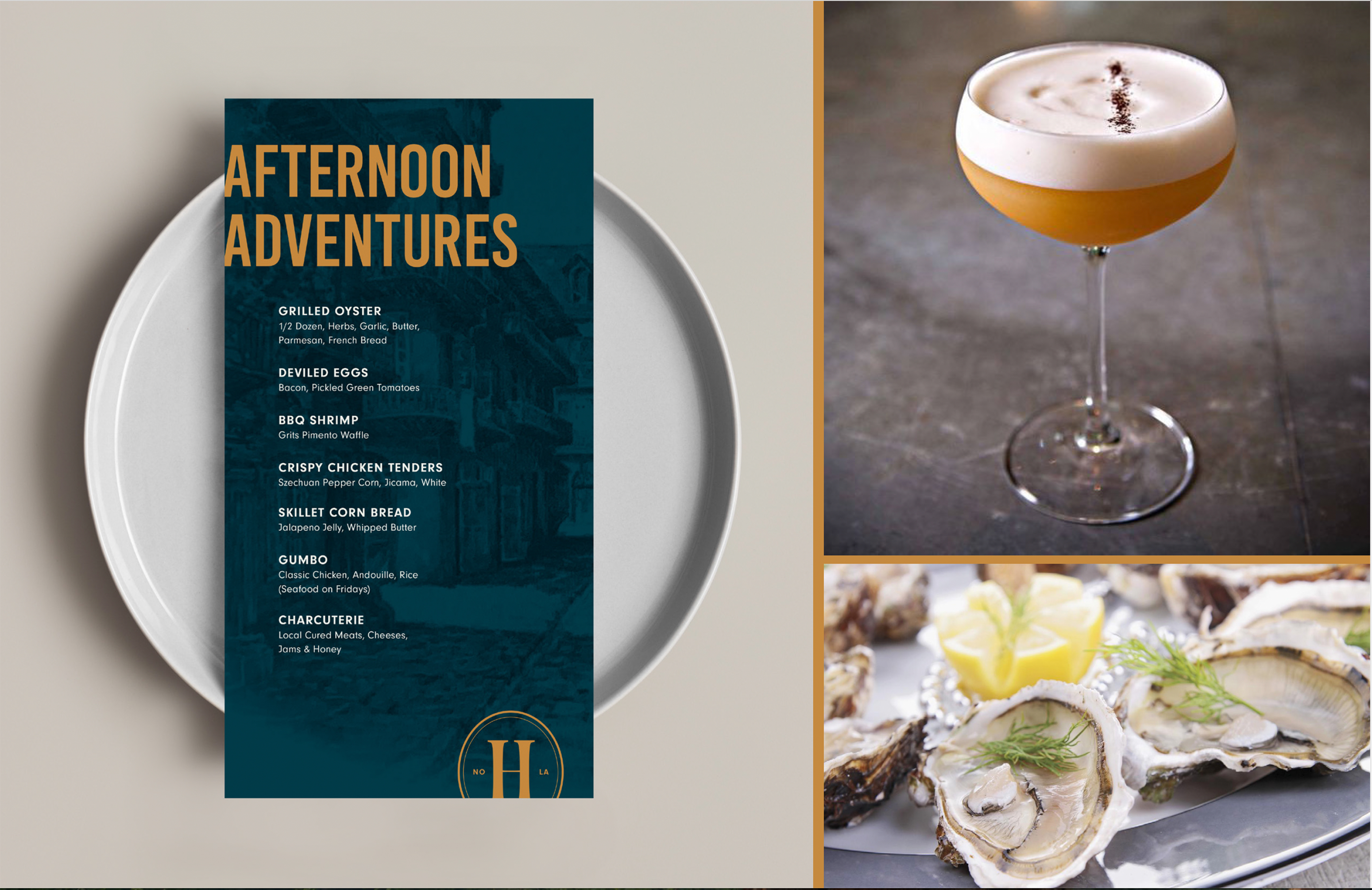 A menu titled "Afternoon Adventures" on a plate, a cocktail in a coupe glass, and a plate of oysters with lemon wedges and garnish.