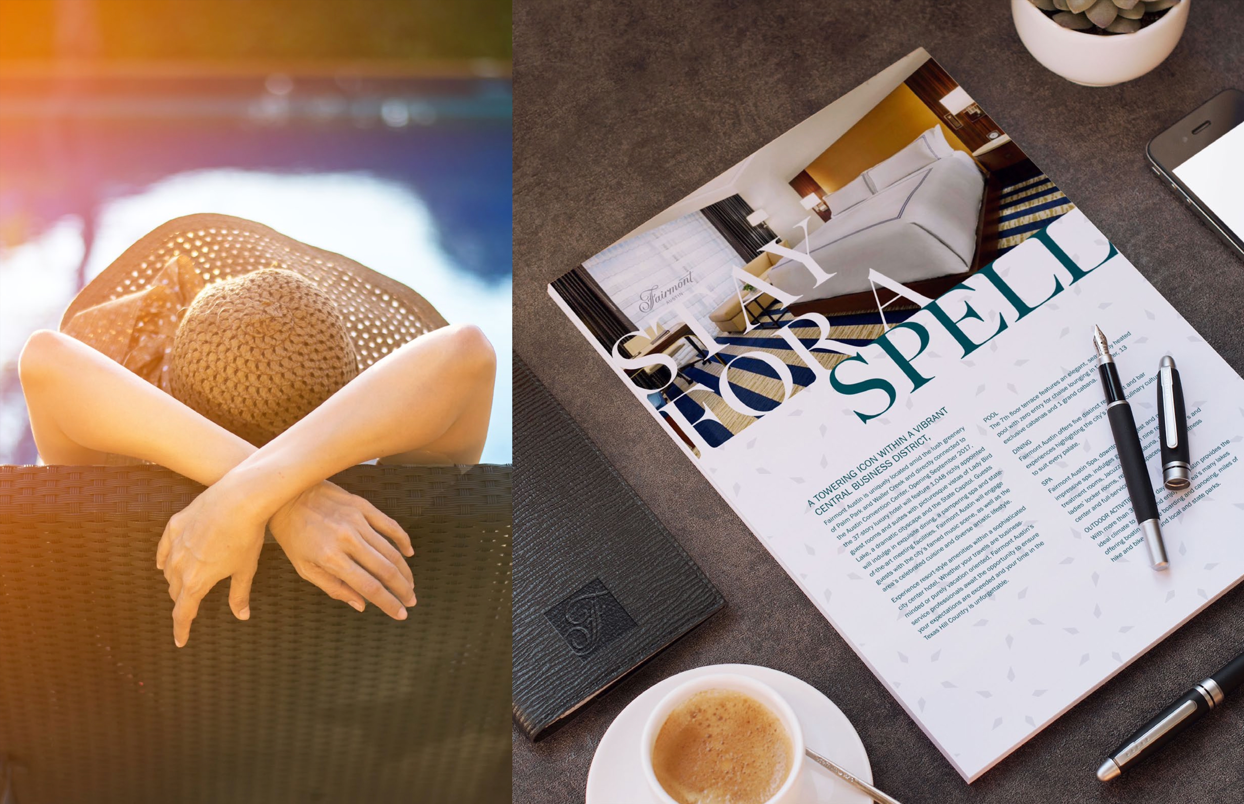 A person relaxes by a pool wearing a sun hat, next to an overhead shot of a magazine, coffee, pen, and smartphone on a table.