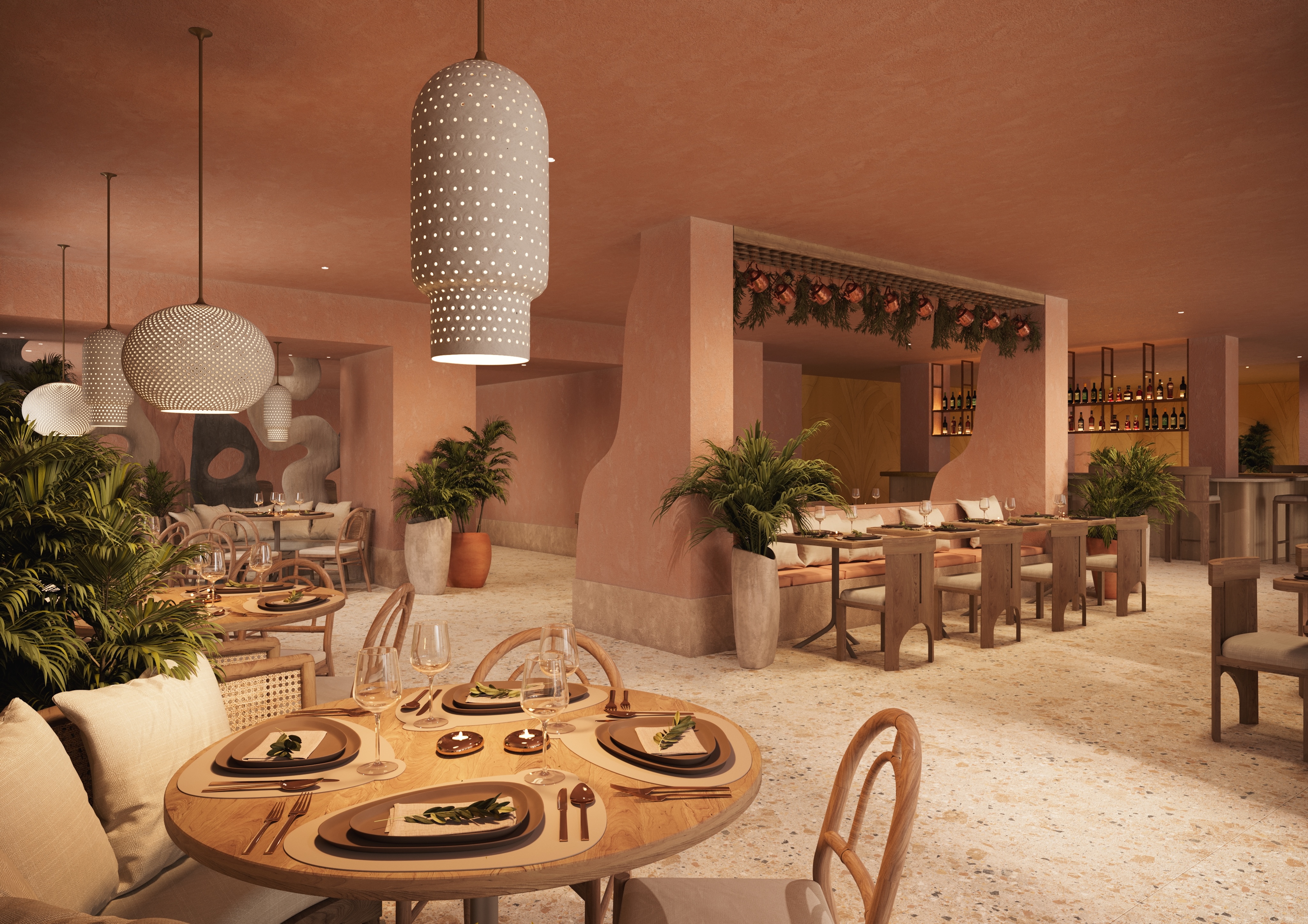 A stylish restaurant interior with earthy tones, wooden furniture, potted plants, set dining tables, and pendant lights hanging from the ceiling.