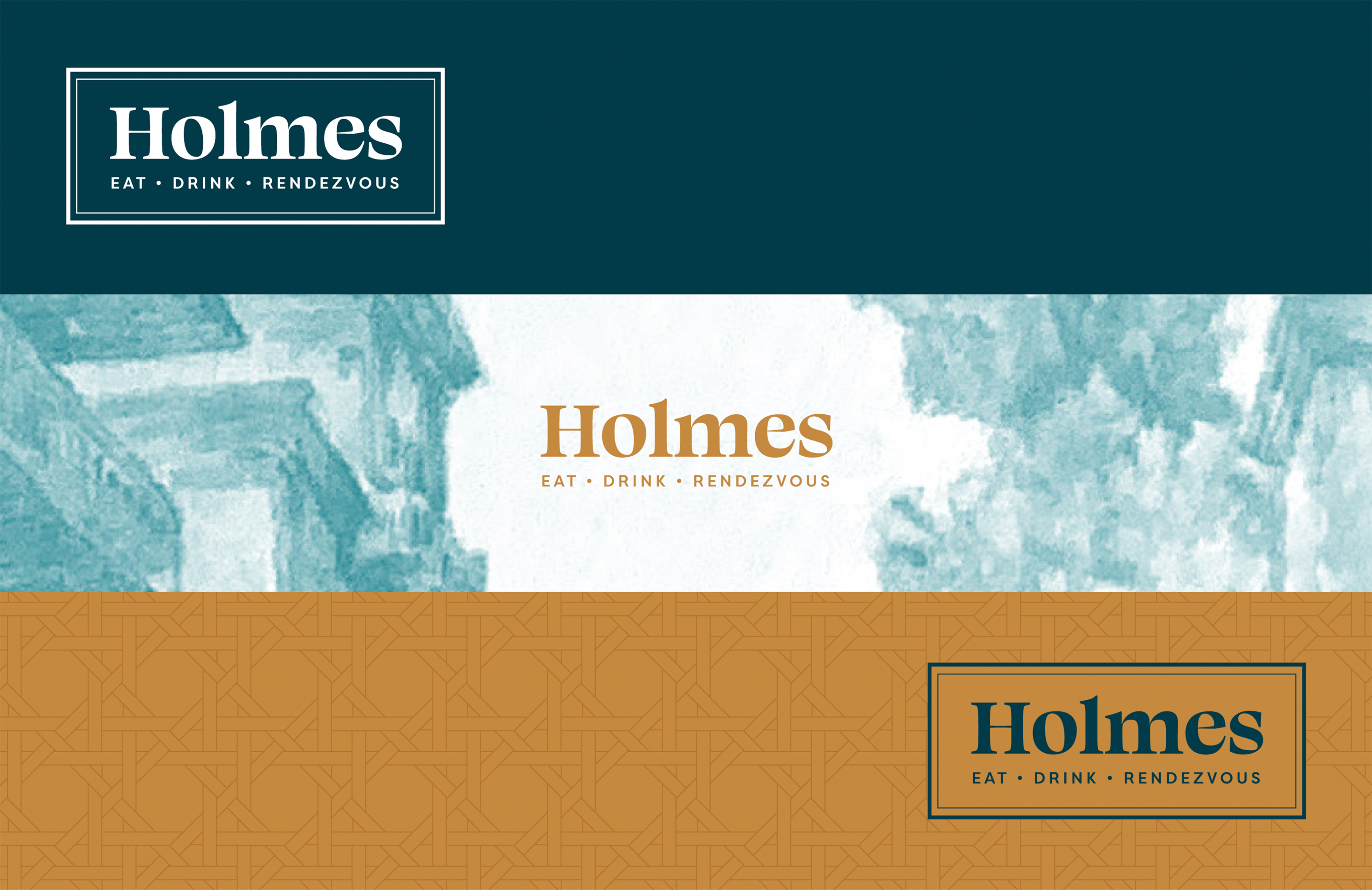 Three versions of the “Holmes Eat • Drink • Rendezvous” logo displayed on teal, white, and gold backgrounds with different border and font styles.