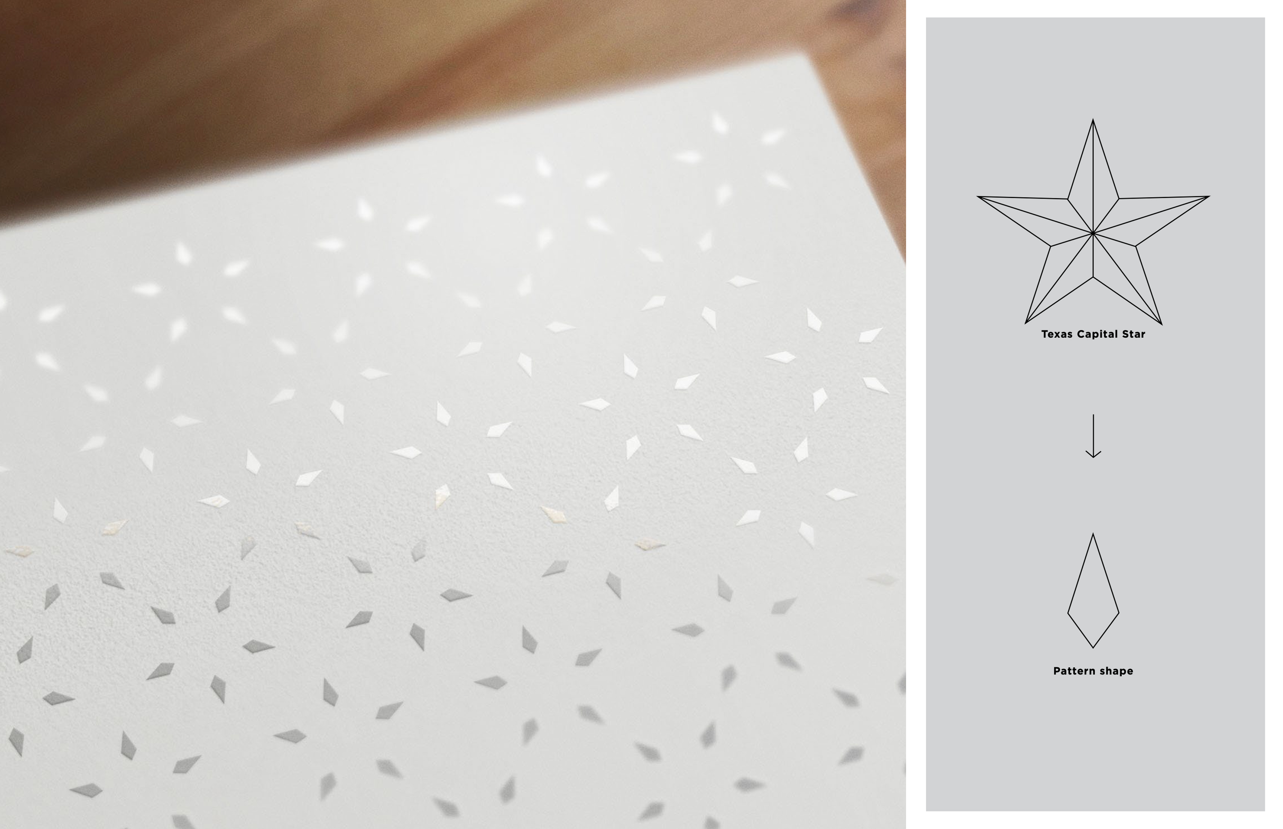 Close-up of a textured paper with a repeating diamond pattern, alongside a diagram showing the pattern's origin from a five-pointed star.