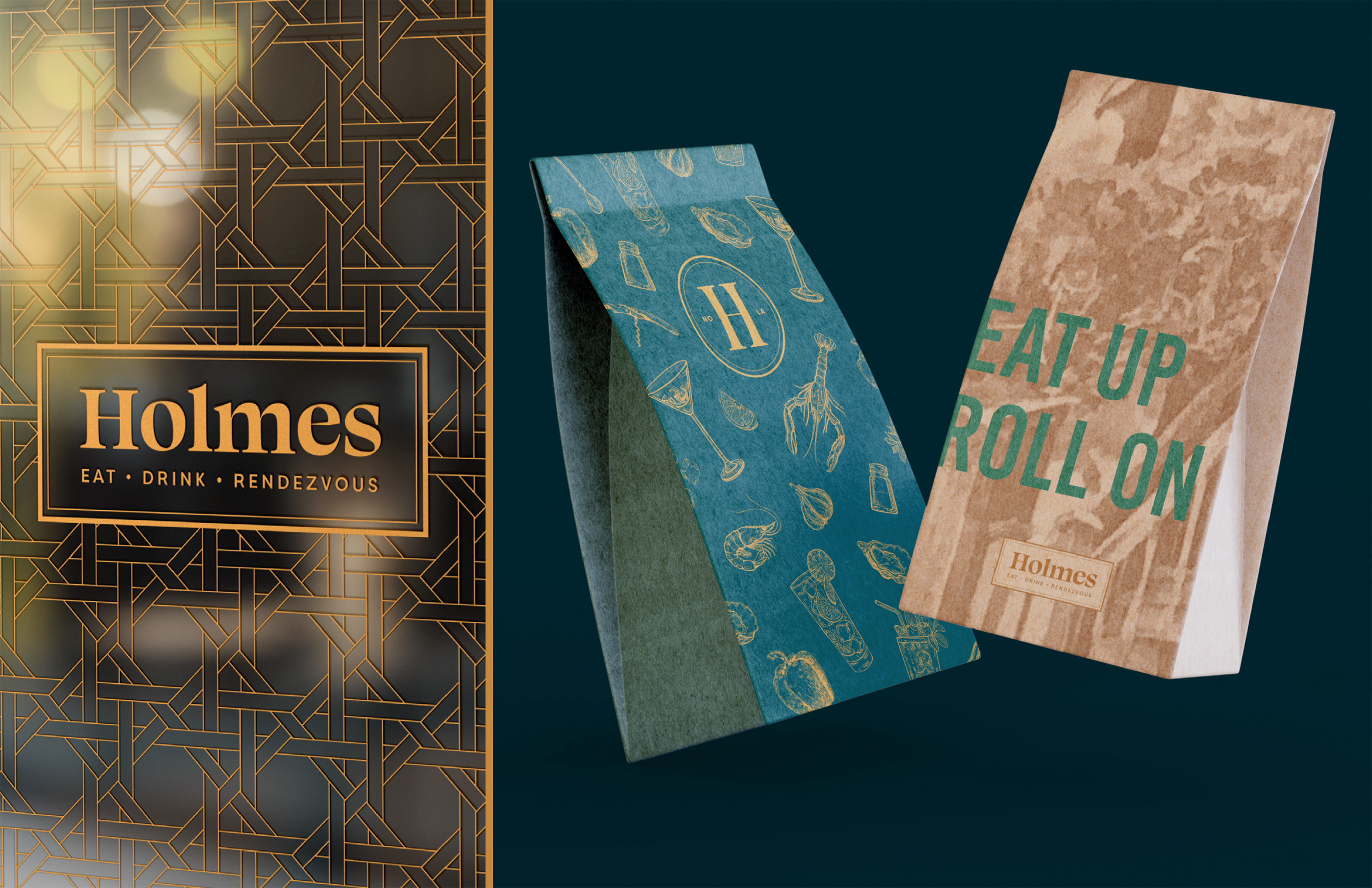 Two branded food packaging bags, one green with food illustrations and one brown with the text "EAT UP ROLL ON", beside a decorative Holmes restaurant logo panel.