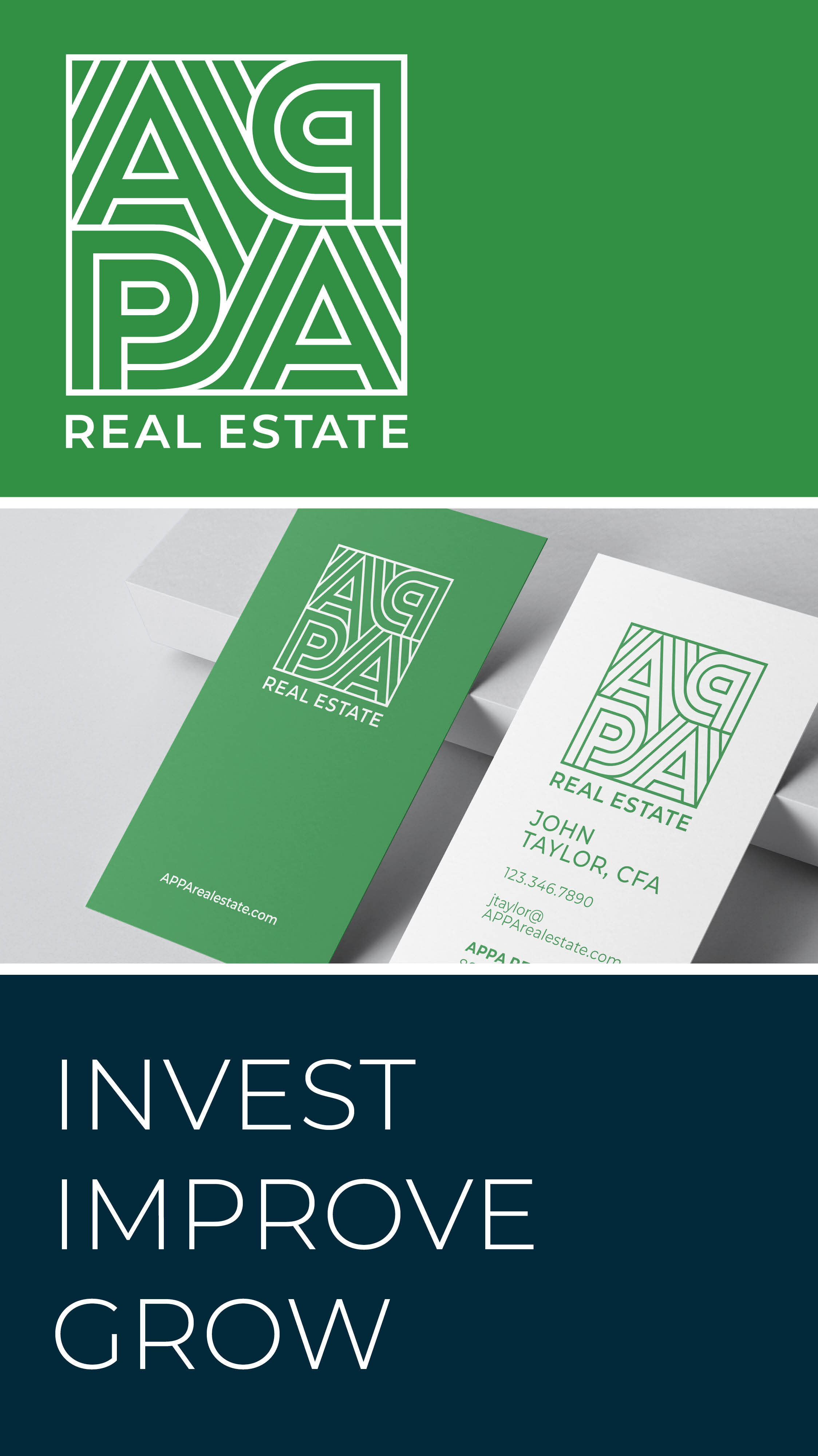 APPA Real Estate logo, business cards, and the words "Invest Improve Grow" displayed in bold text on a split green and navy background.