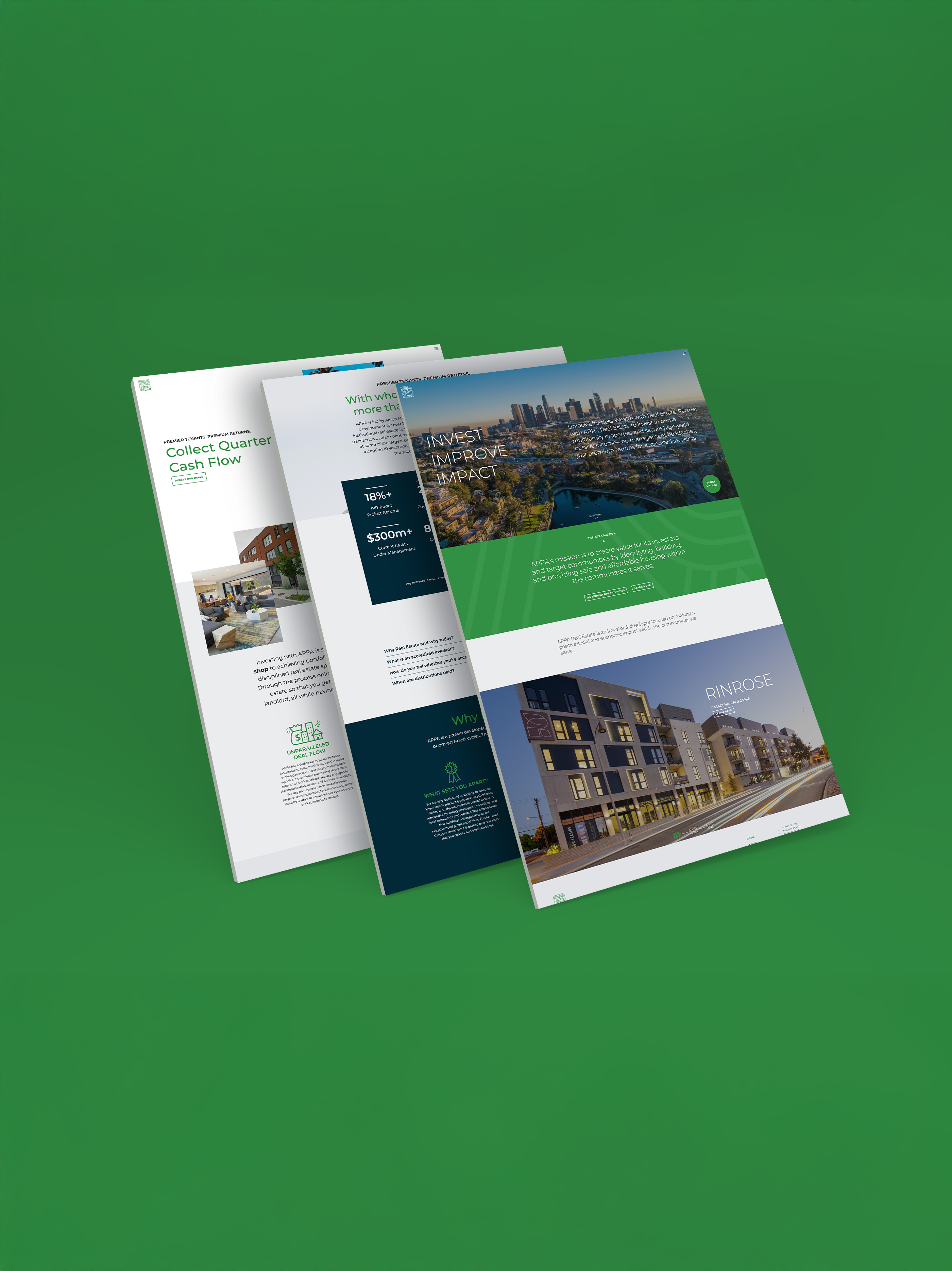 Three real estate brochure pages displayed at an angle on a green background, featuring property photos, investment information, and text sections.