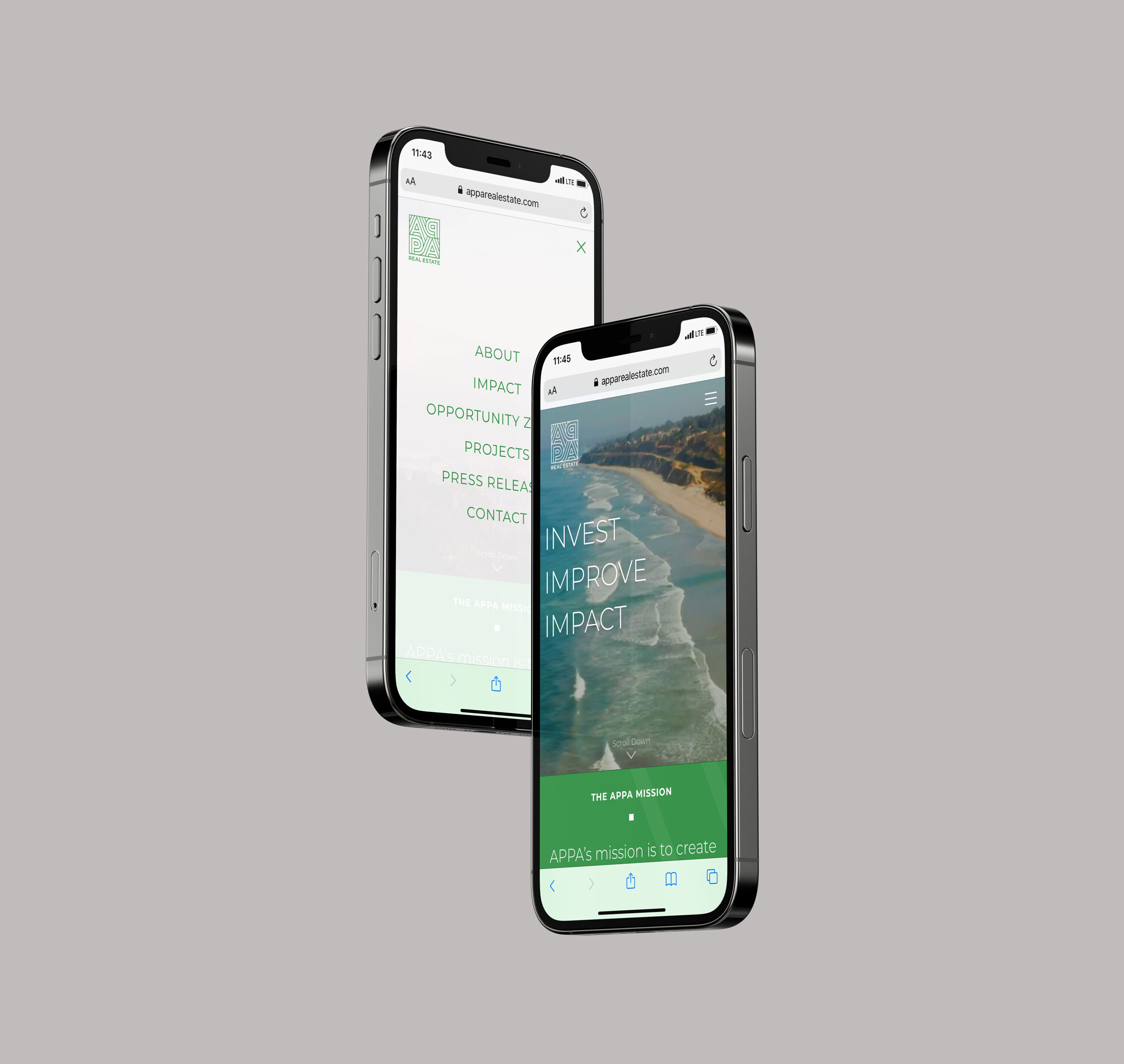 Two smartphones displaying a website with a menu and a mission statement about investing, improving, and impacting, set against a plain grey background.