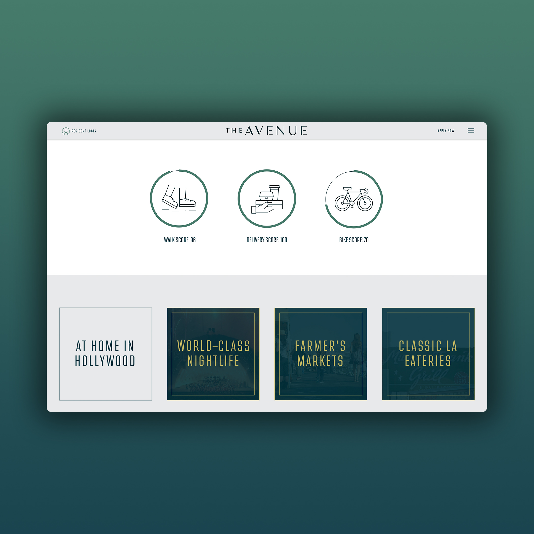 A website interface displays walk, delivery, and bike scores, followed by sections labeled "At Home in Hollywood," "World-Class Nightlife," "Farmer's Markets," and "Classic LA Eateries.