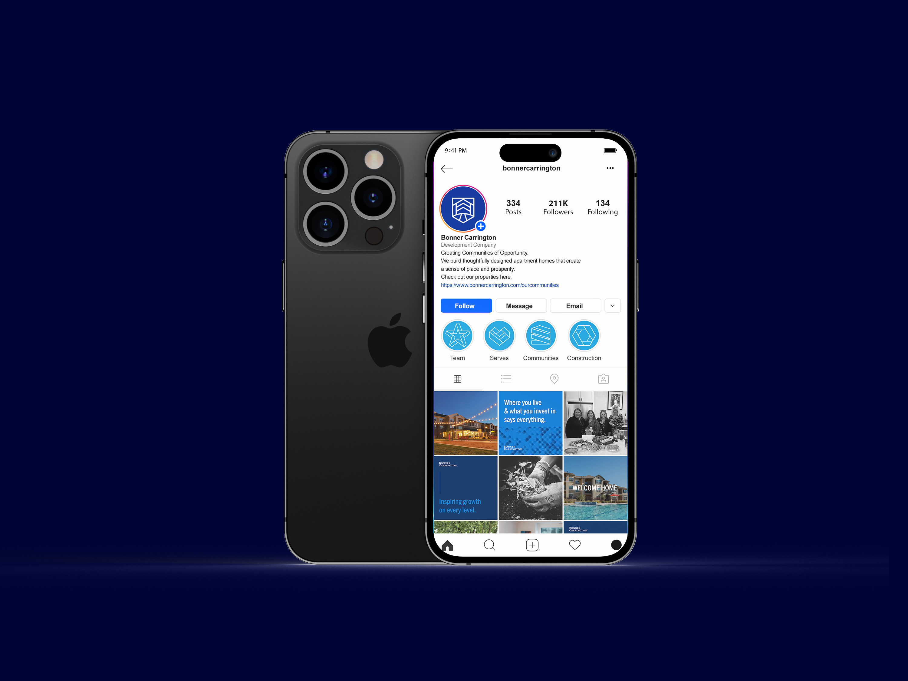A black iPhone displays a business Instagram profile with posts, followers, and following count on the screen; another iPhone shows its back. Both phones are on a dark blue background.