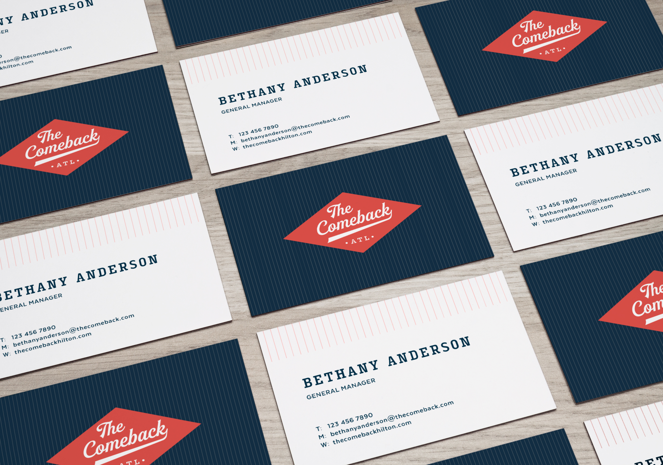 A set of business cards for "The Comeback ATL" featuring Bethany Anderson's contact details, with alternating dark blue and white backgrounds.