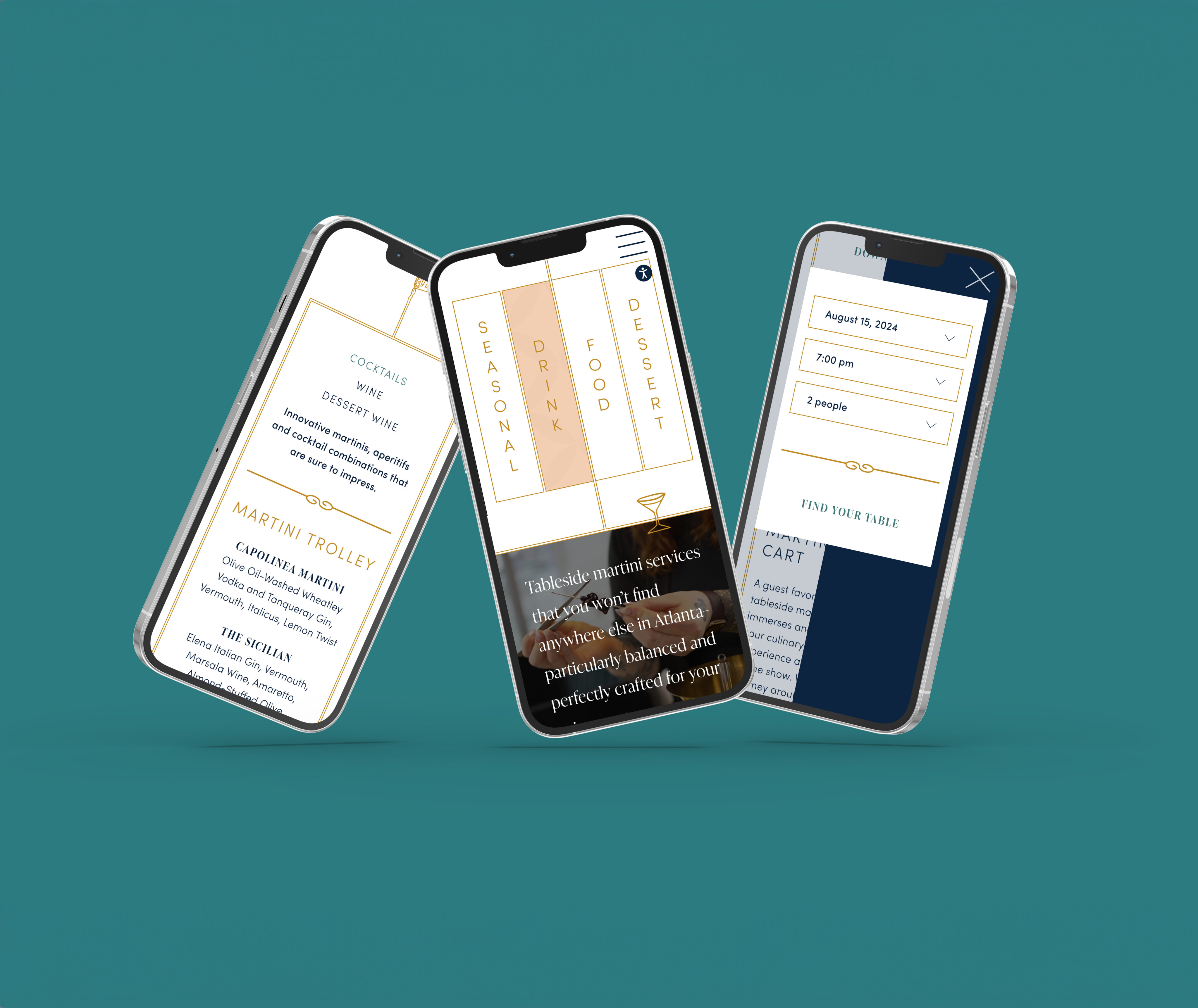 Three smartphones display different screens of a restaurant mobile app, showing a menu, a quote, and a table reservation form against a teal background.