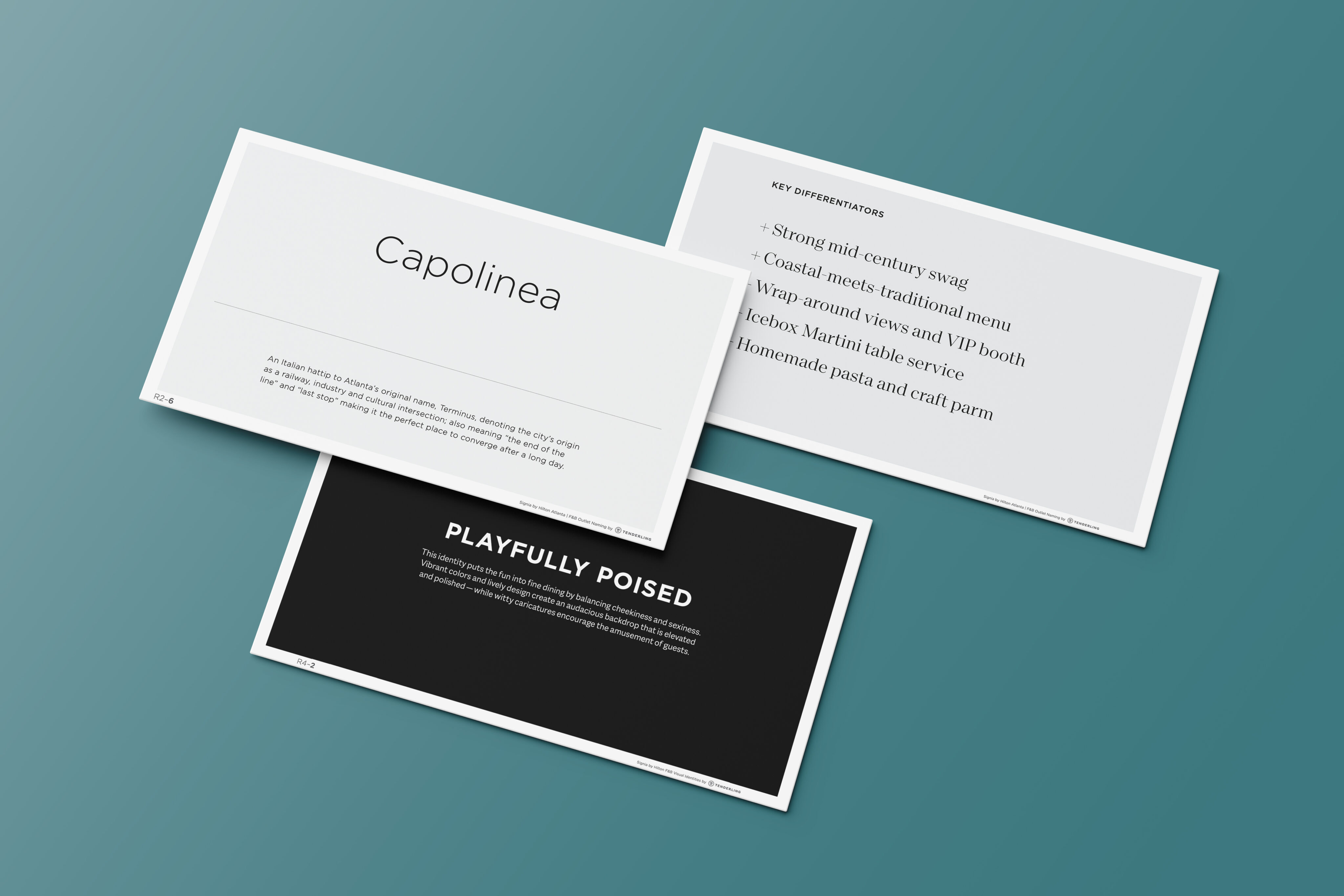 Three rectangular cards on a teal surface display branding concepts, including the word “Capolinea,” descriptive text, and phrases like “PLAYFULLY POISED” and “KEY DIFFERENTIATORS.”.