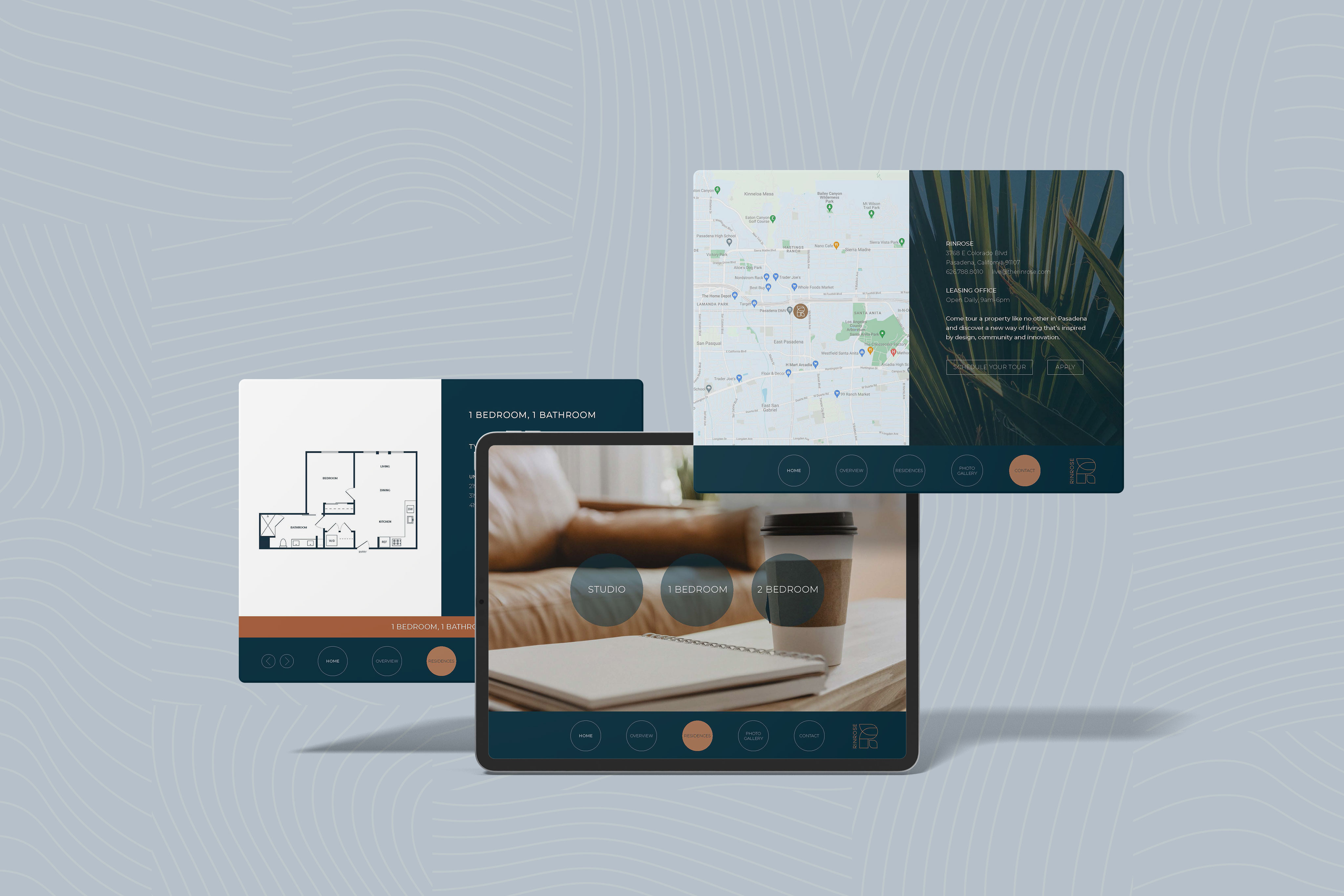 Three overlapping digital screens display a floor plan, a map, and a modern workspace with a notebook and coffee cup on a light patterned background.