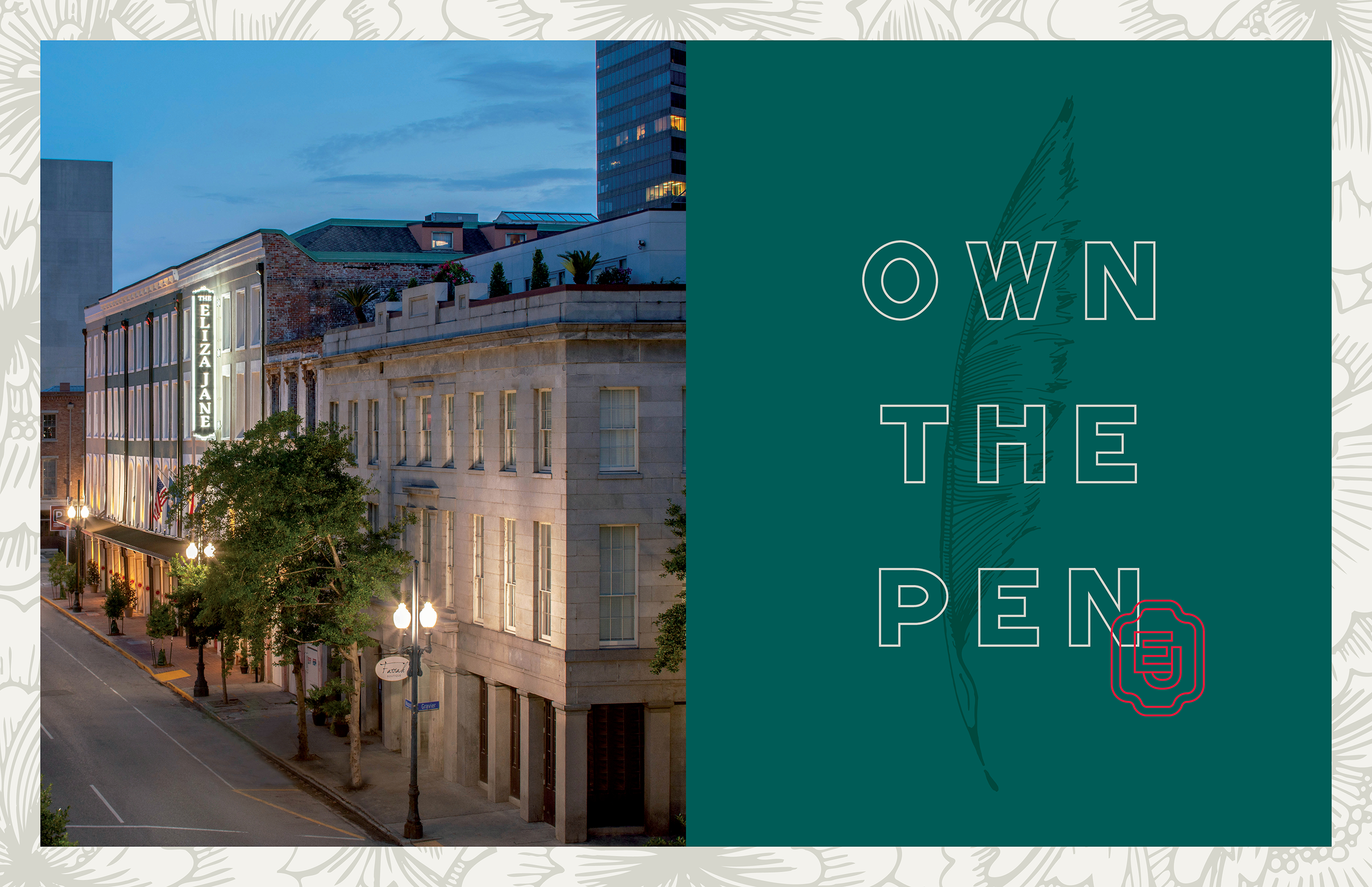 A city street at dusk with historic buildings on the left and a graphic on the right reading "OWN THE PEN" beside an illustrated feather.
