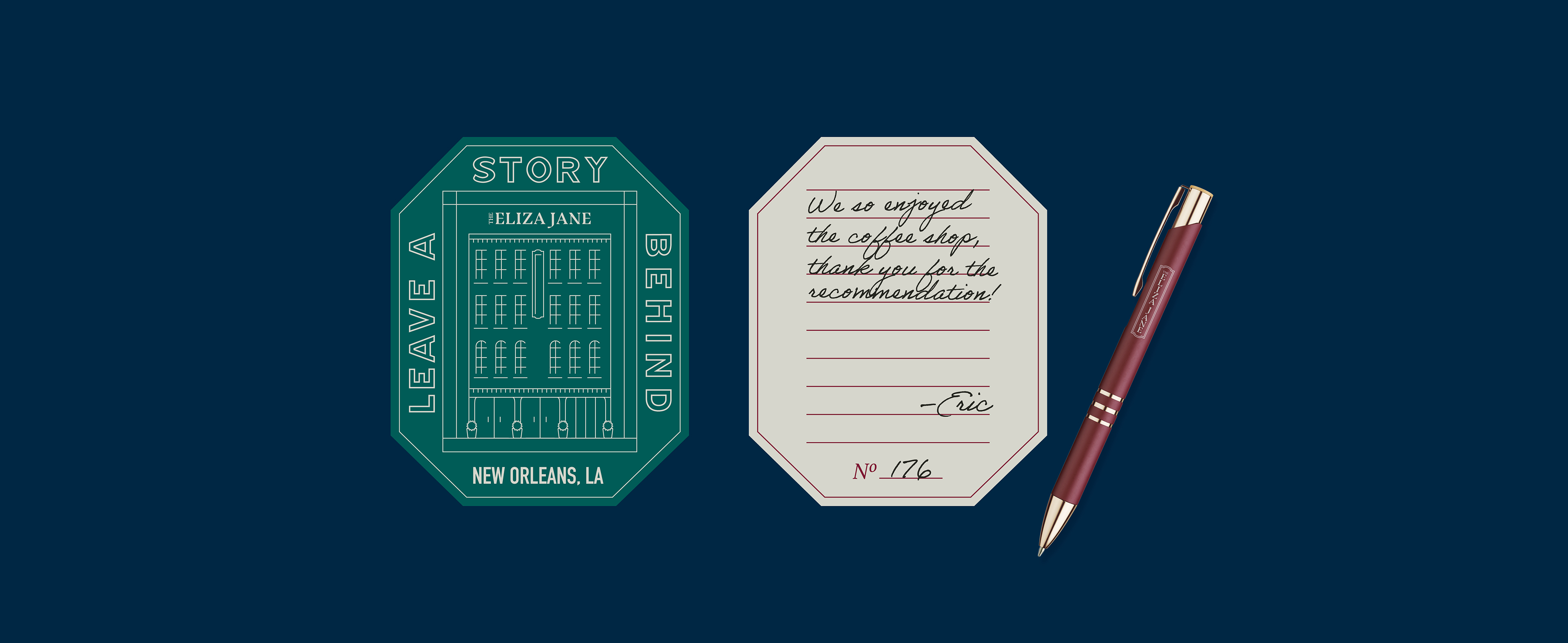 A green octagonal coaster, a notepad with handwritten text and a signature numbered 176, and a red and gold pen are displayed on a dark blue background.