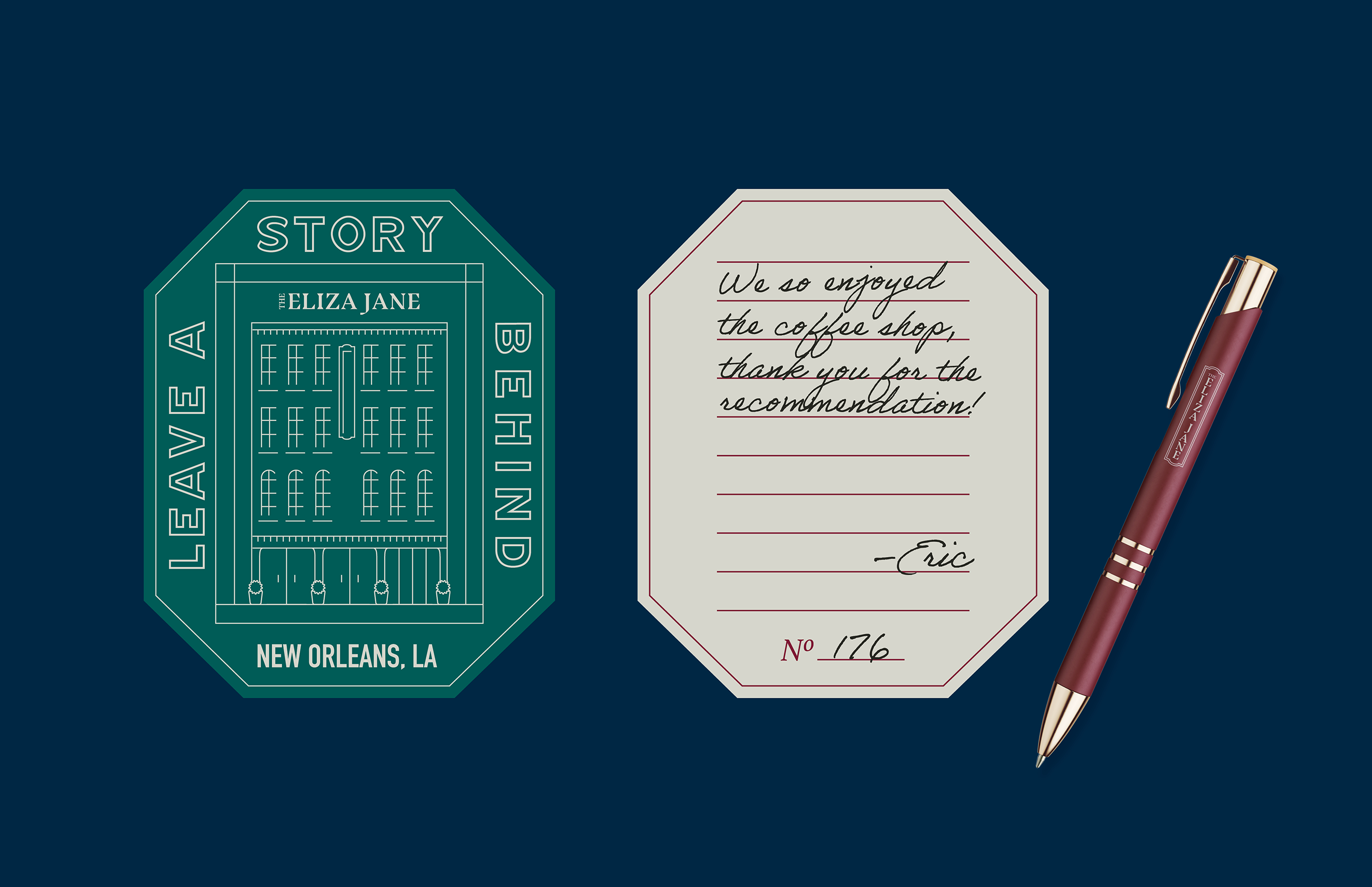 A green coaster with a building illustration and "Leave a Story Behind, Eliza Jane, New Orleans, LA," beside a handwritten note, page number 176, and a red pen on a dark blue background.