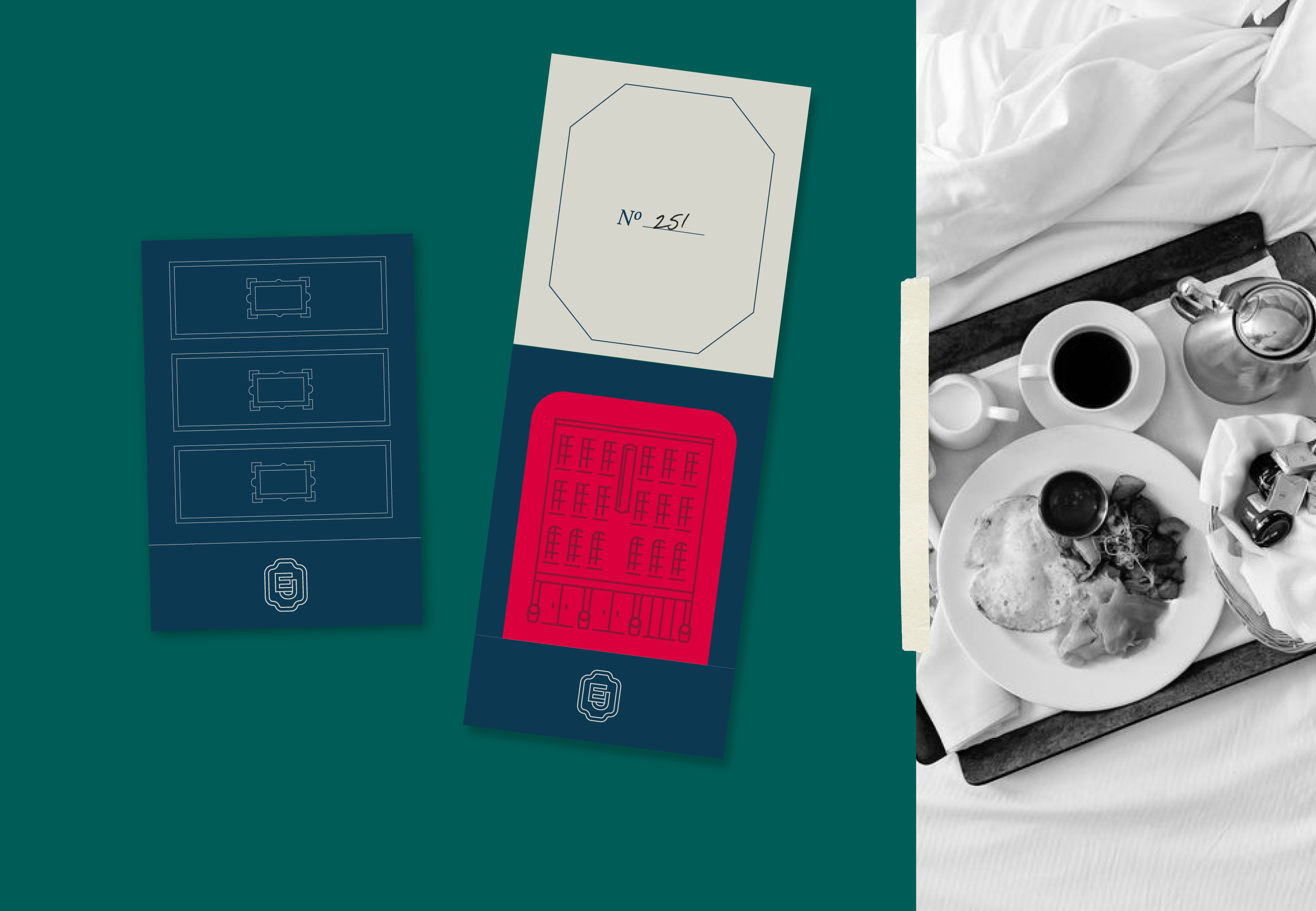 A hotel key card labeled "No. 251" next to an illustrated key card holder, with a breakfast tray containing coffee, juice, and food on a bed in the background.