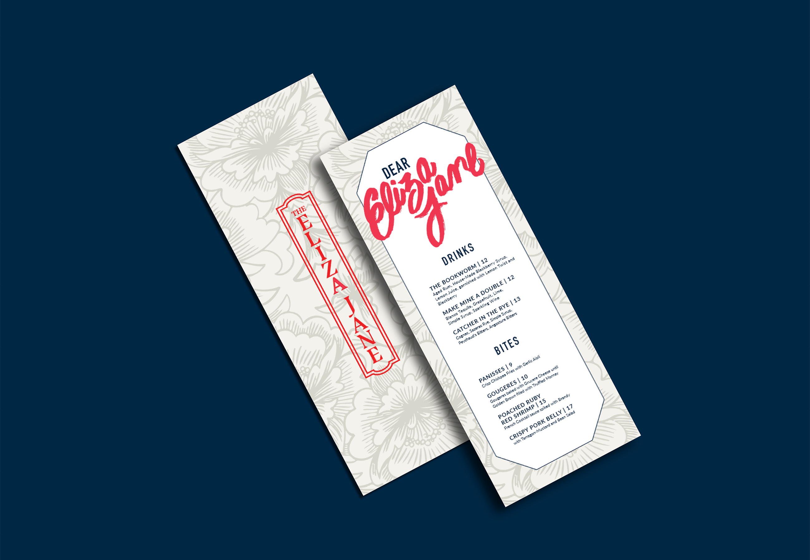 Two vertically oriented drink menus with floral backgrounds; one menu is closed and the other shows menu items under the heading "Dear Eliza Jane.