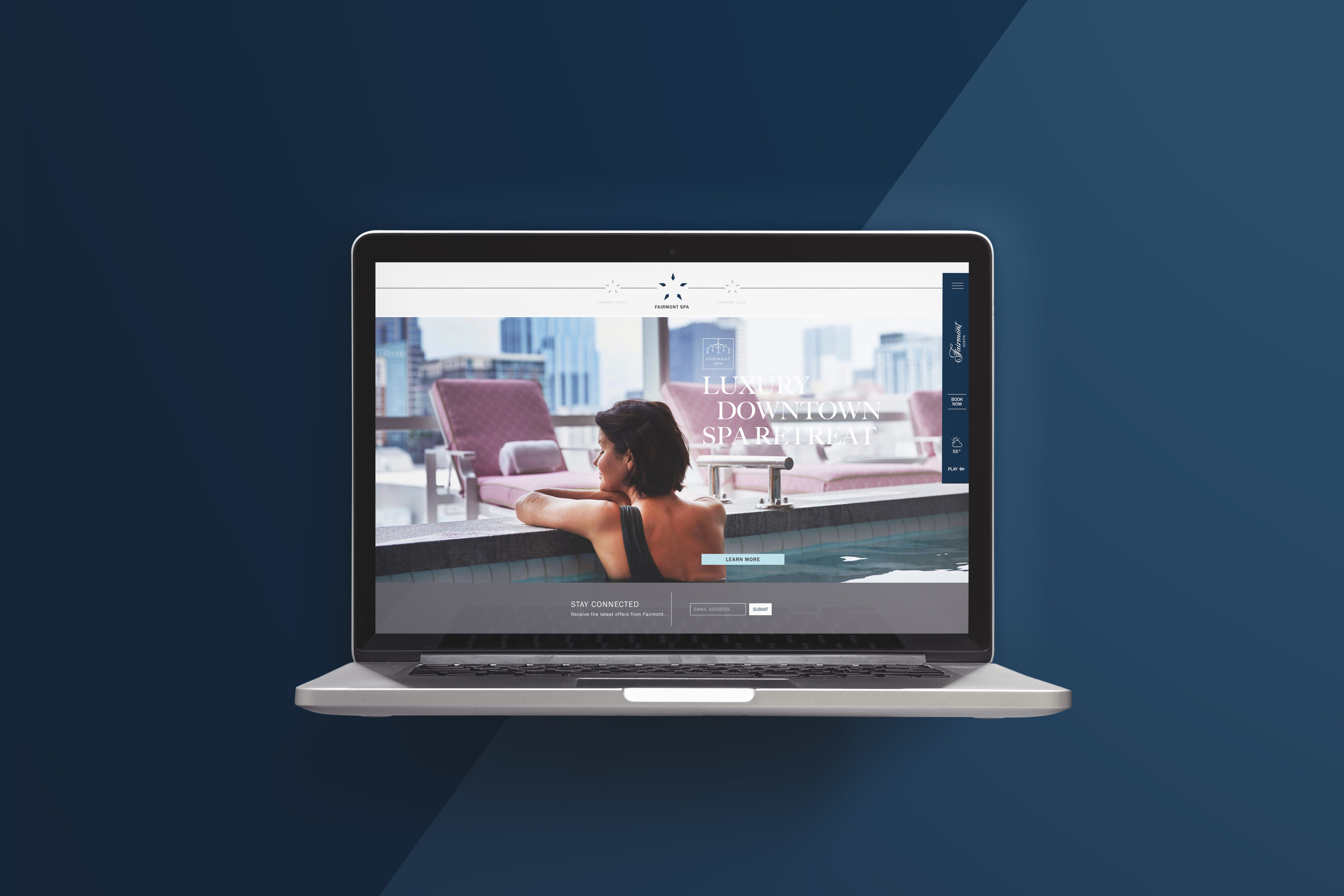 A laptop displays a website with an image of a woman in a pool overlooking a cityscape, with text reading "Luxury Downtown Spa Retreat.