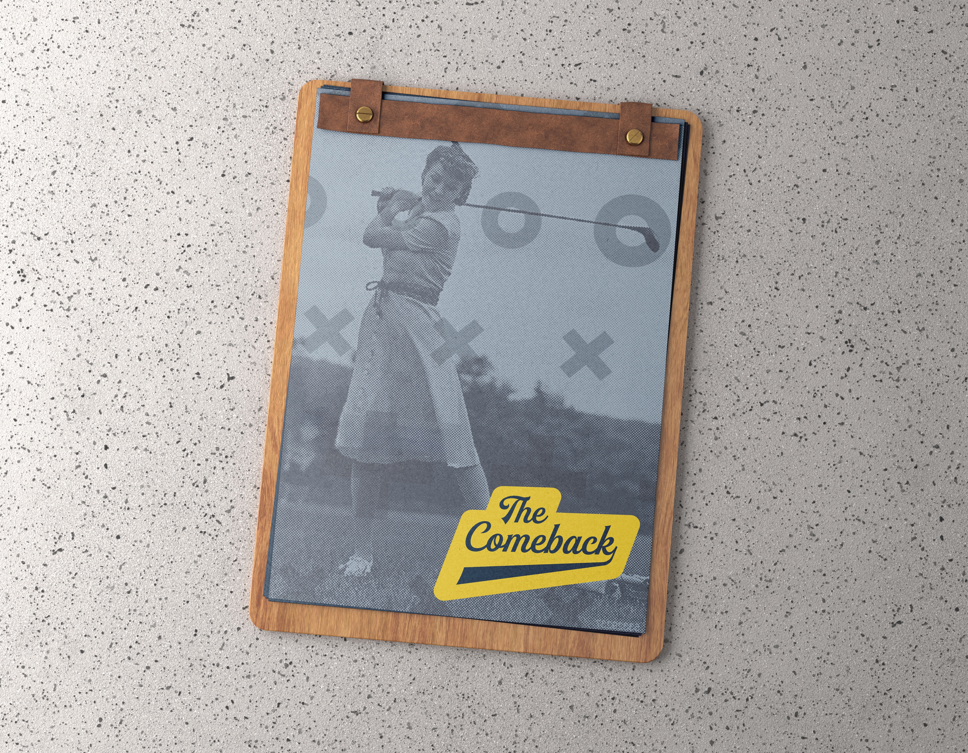 A clipboard displaying a vintage photo of a woman swinging a golf club, overlaid with the text "The Comeback" in a yellow banner.