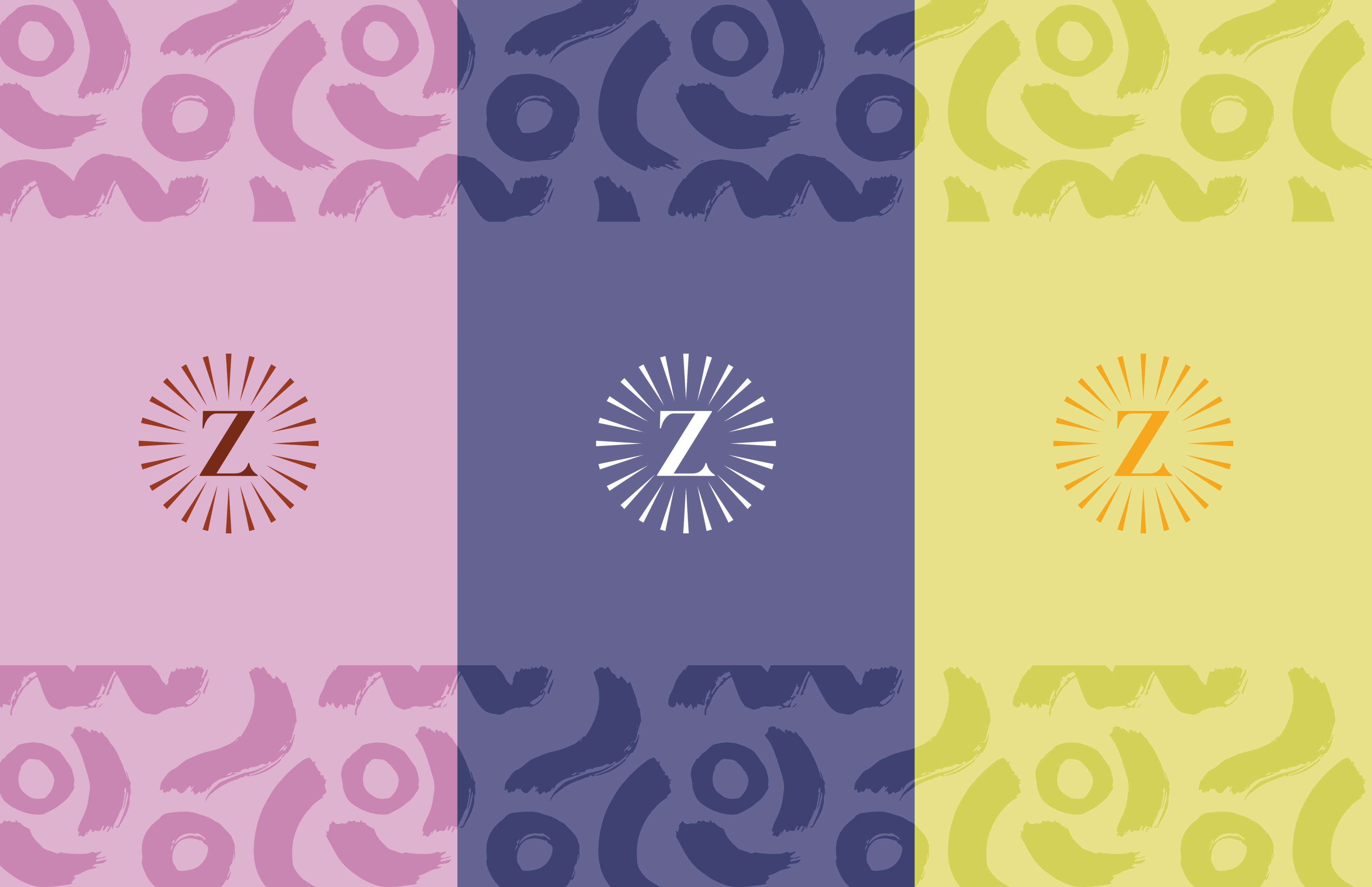Three vertical panels in pink, blue, and yellow, each with a central "Z" surrounded by radiating lines and abstract patterns in the background.