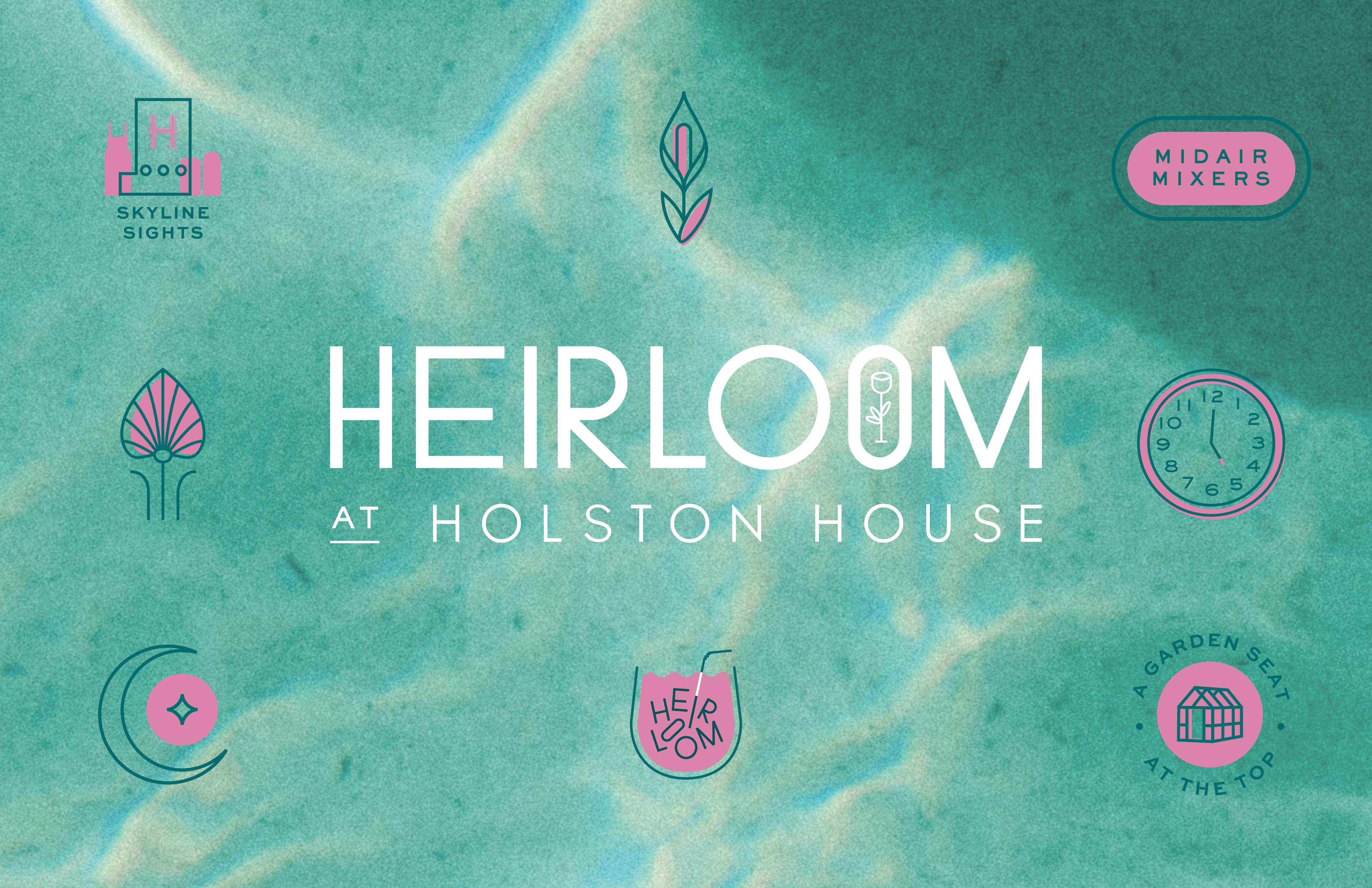 A turquoise water background with “HEIRLOOM AT HOLSTON HOUSE” in white text, surrounded by pastel pink and teal icons and labels, including a clock, flower, drink, and location markers.