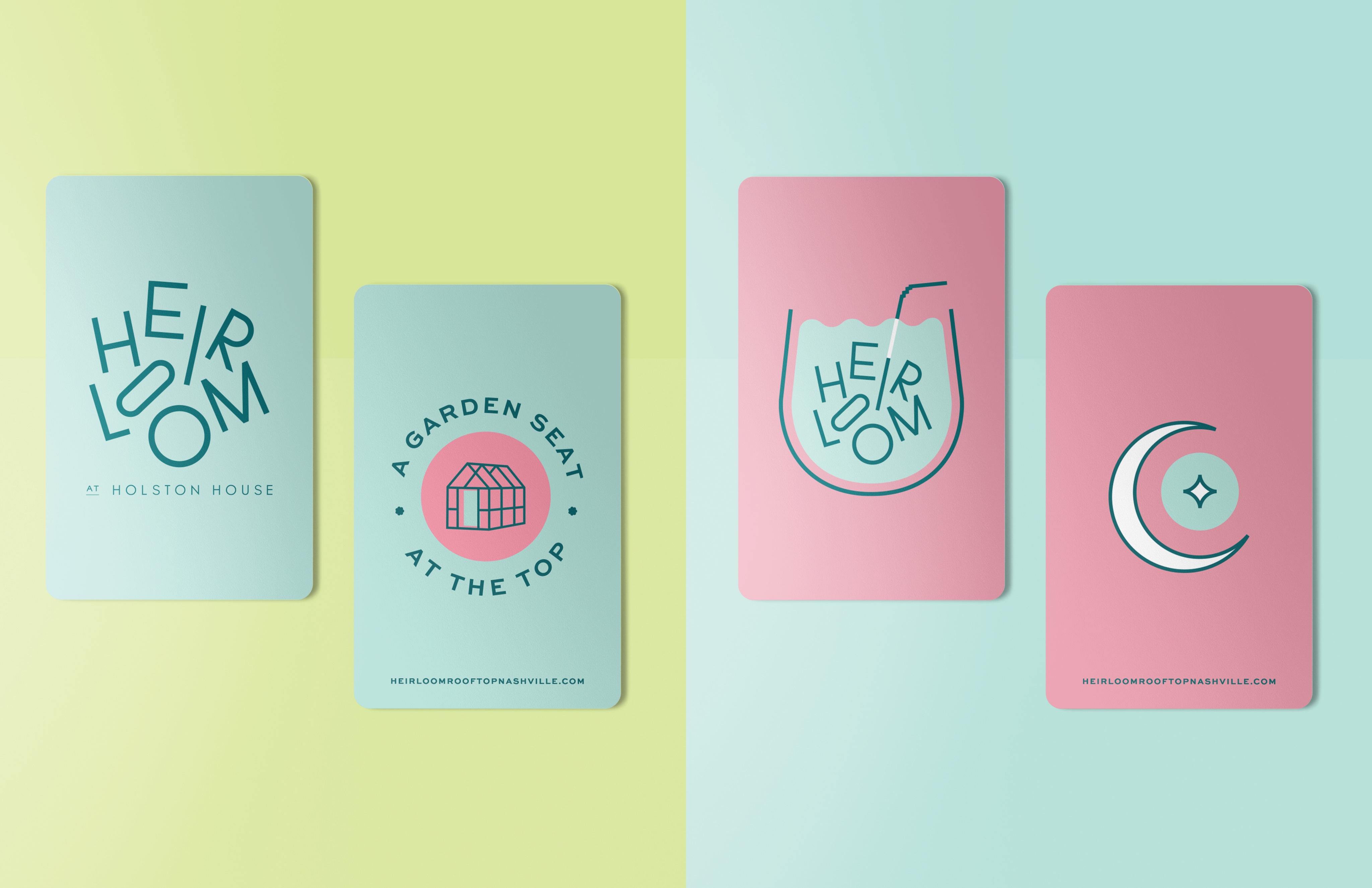 Four pastel-colored cards display minimalist logos and text for “Heirloom” and “A Garden Seat at the Top,” featuring modern graphic elements and website addresses on a split teal and pink background.