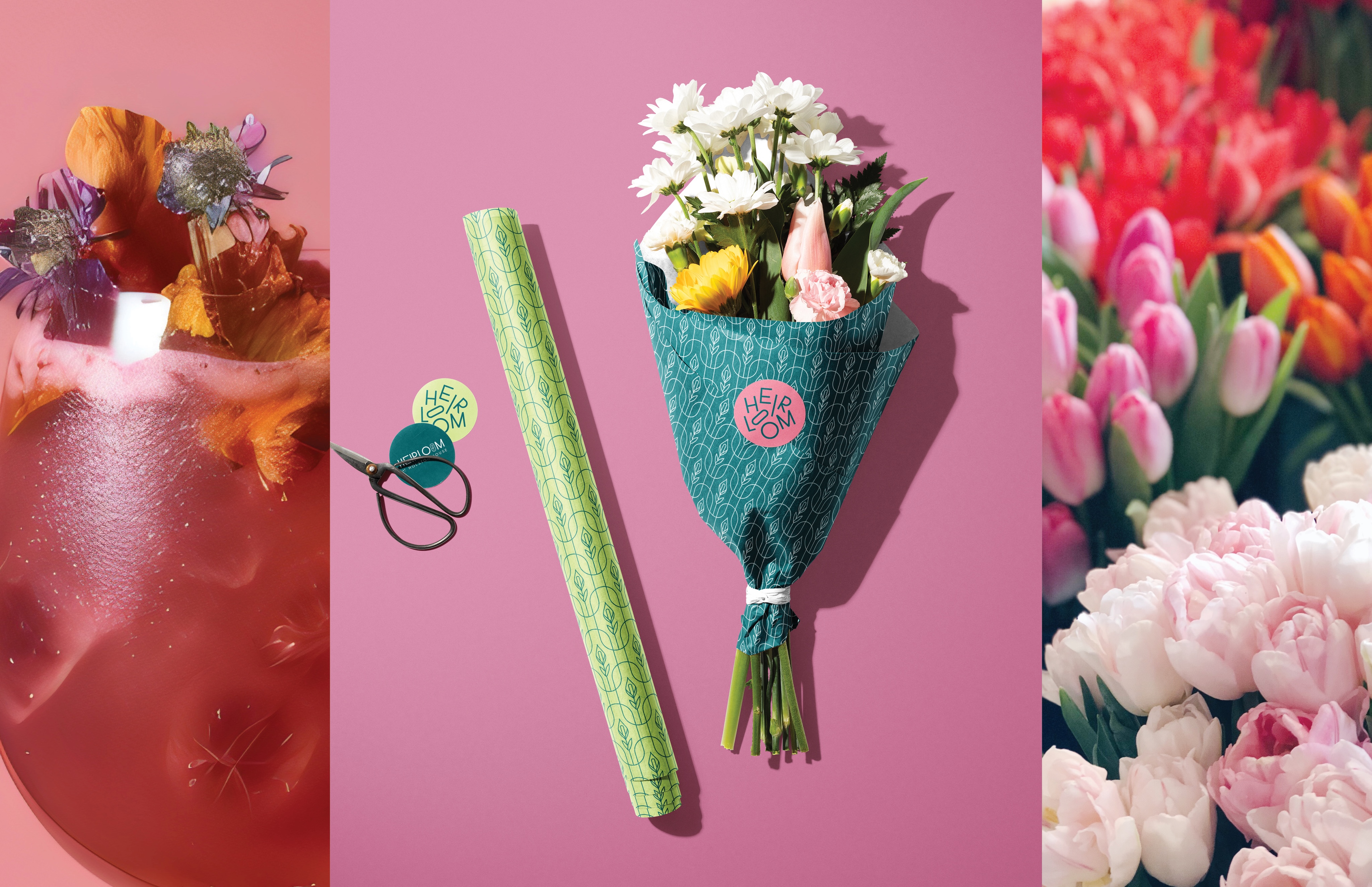 A pink drink with flowers, a bouquet wrapped in green paper with scissors and a sticker, and a close-up of colorful tulips.