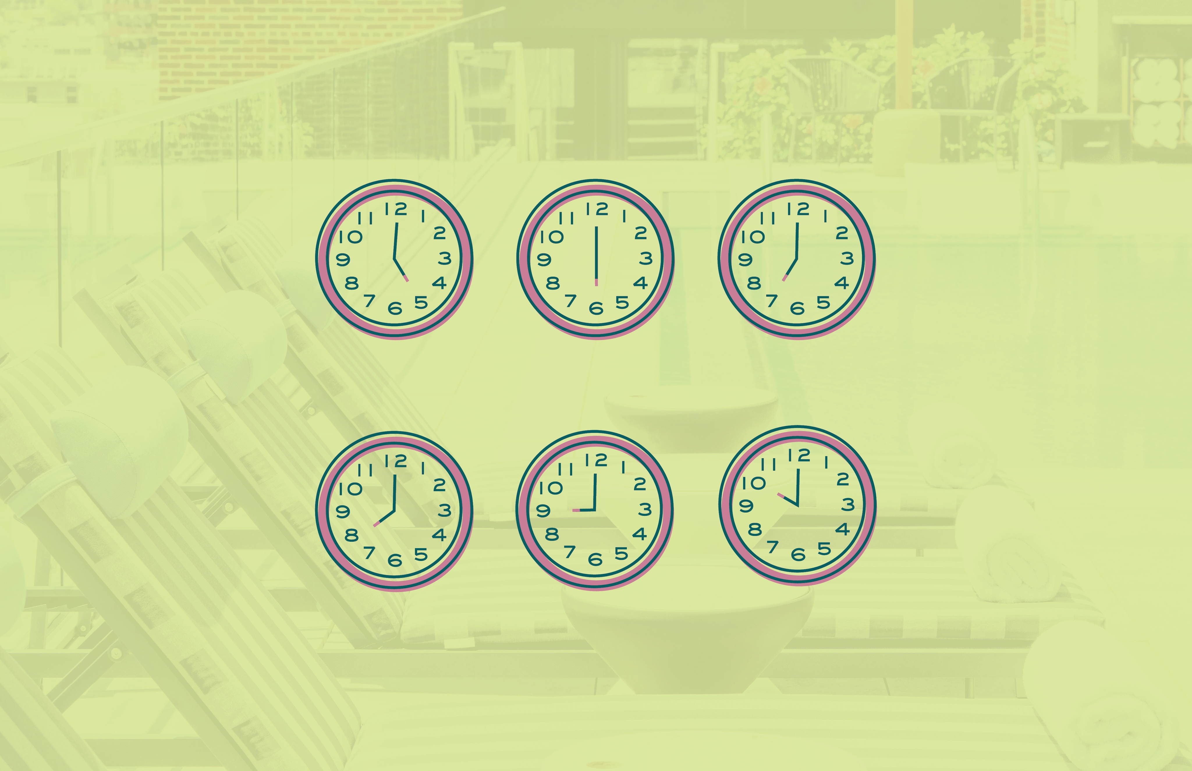Six analog clocks showing different times are arranged in two rows of three, set against a faded background of poolside lounge chairs and a swimming pool.