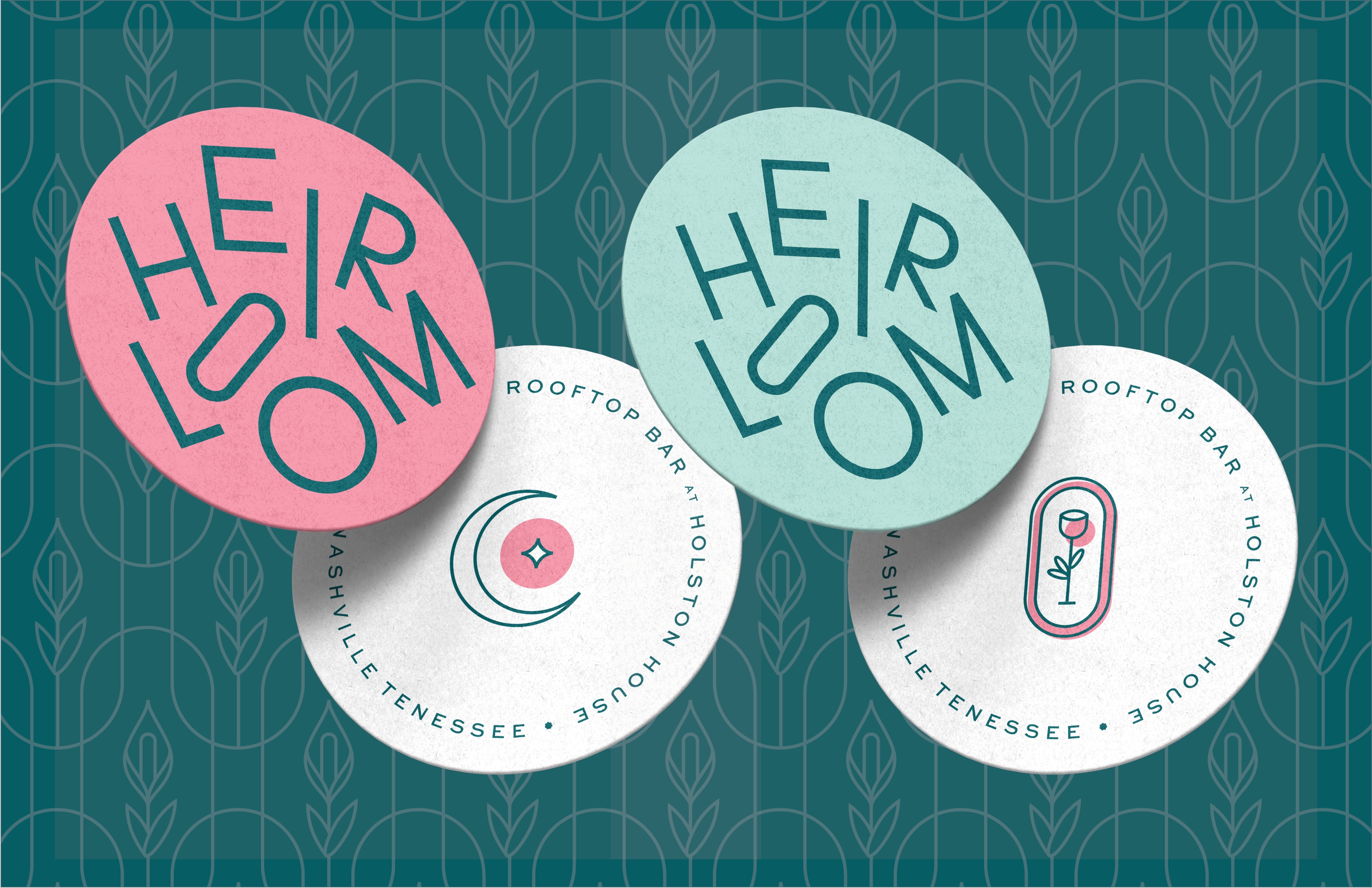 Four circular coasters display the words "Heirloom" and minimalistic illustrations, with "Rooftop Bar, Holston House, Nashville Tennessee" written around two of the coasters.
