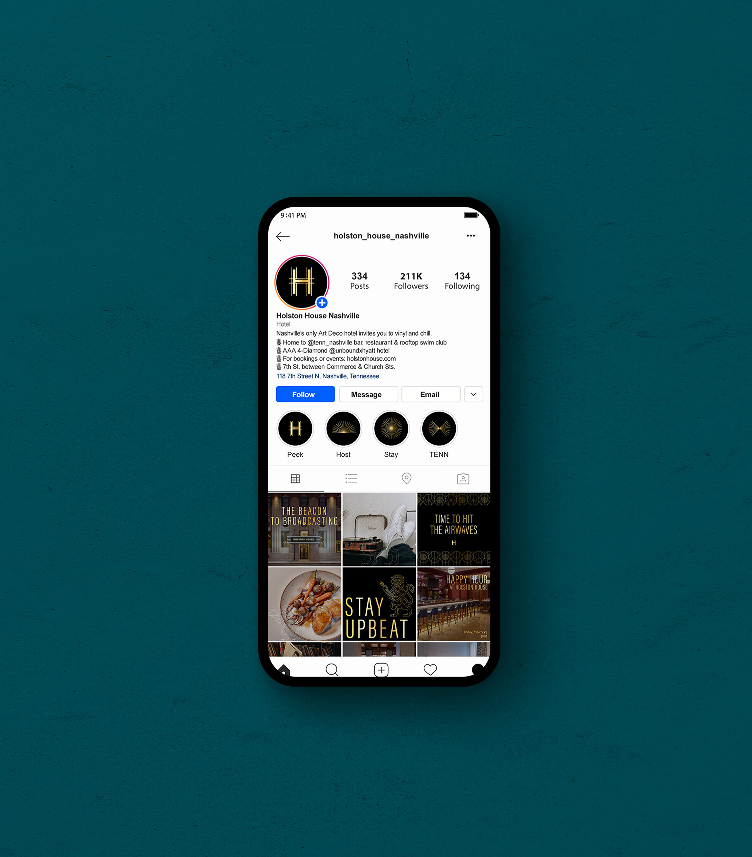 A smartphone displays the Instagram profile page of Holston House Nashville, showing follower count, profile info, story highlights, and recent posts against a teal background.