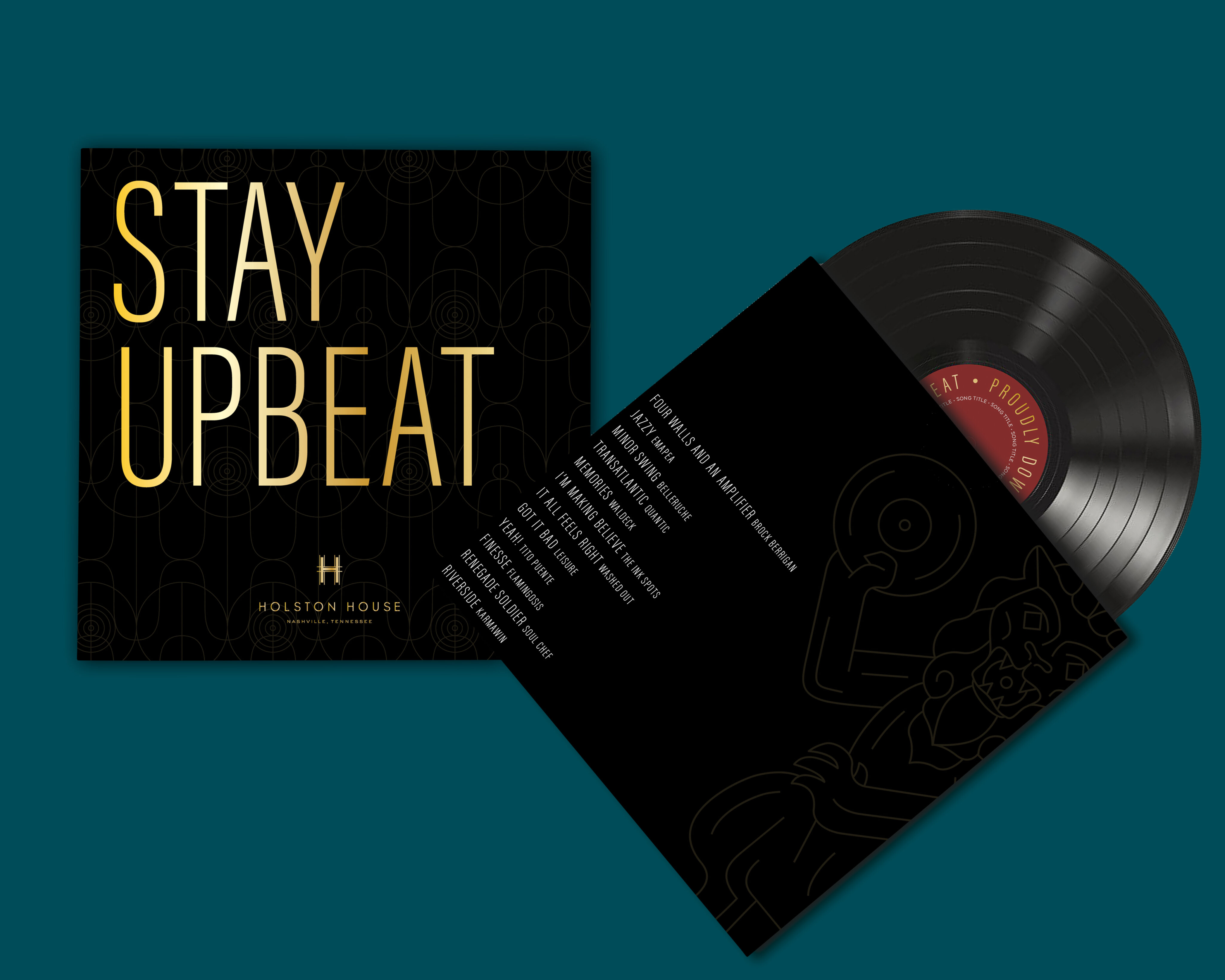 A vinyl record partially out of its black sleeve, which reads "STAY UPBEAT" in large yellow text, next to an open lyric sheet with song titles and an illustrated figure.