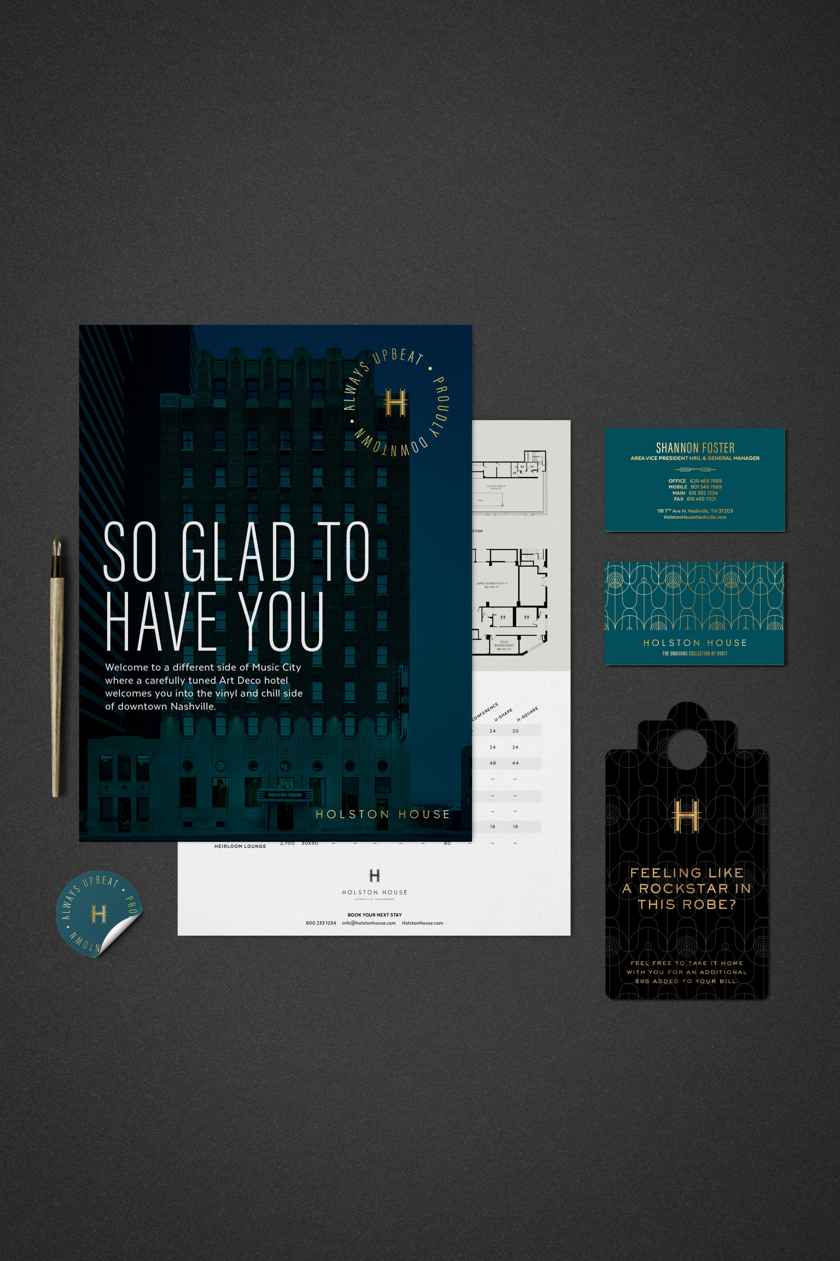 A neatly arranged hotel welcome kit includes a brochure, business cards, key card, pen, notepad, and a round card, all branded with "Holston House" on a dark background.