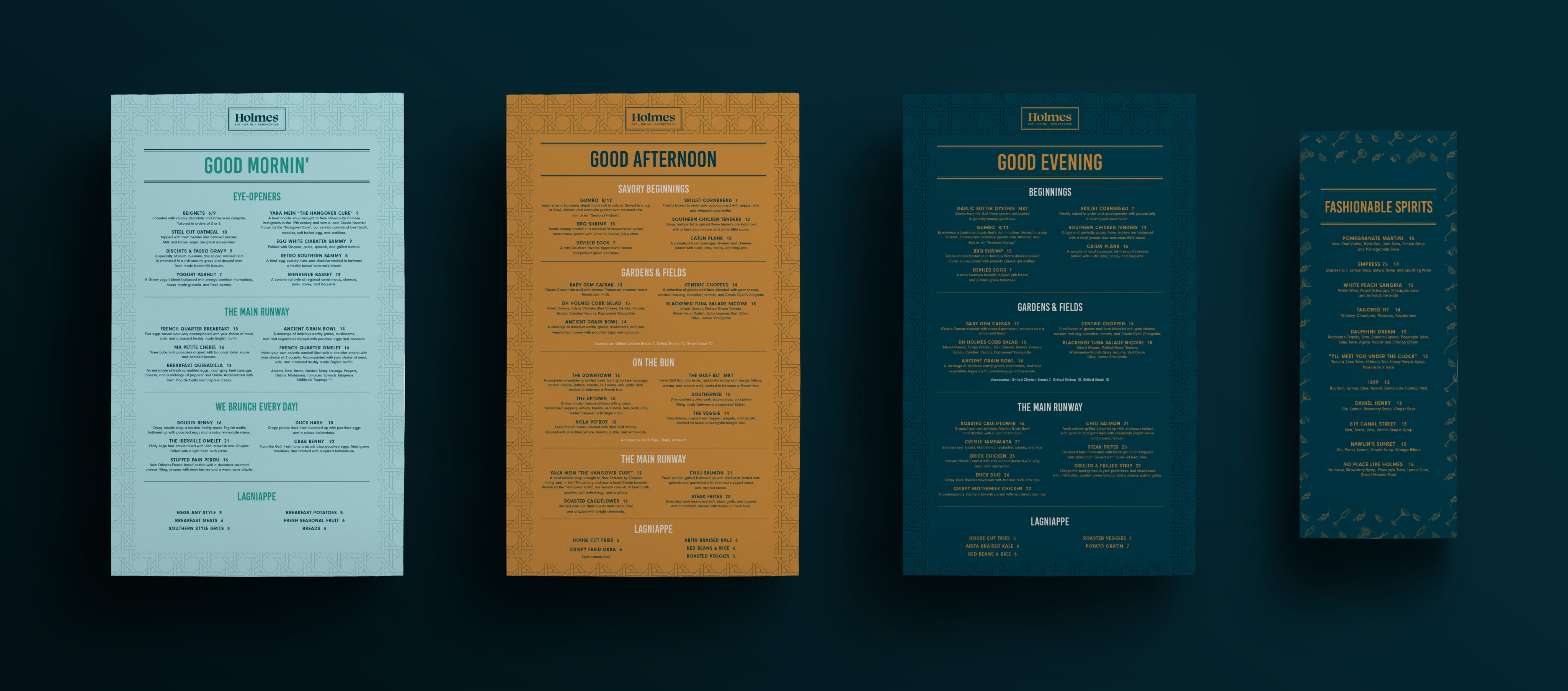 Four restaurant menus are displayed side by side, labeled Good Mornin', Good Afternoon, Good Evening, and Reasonable Spirits, each with a distinct color background.