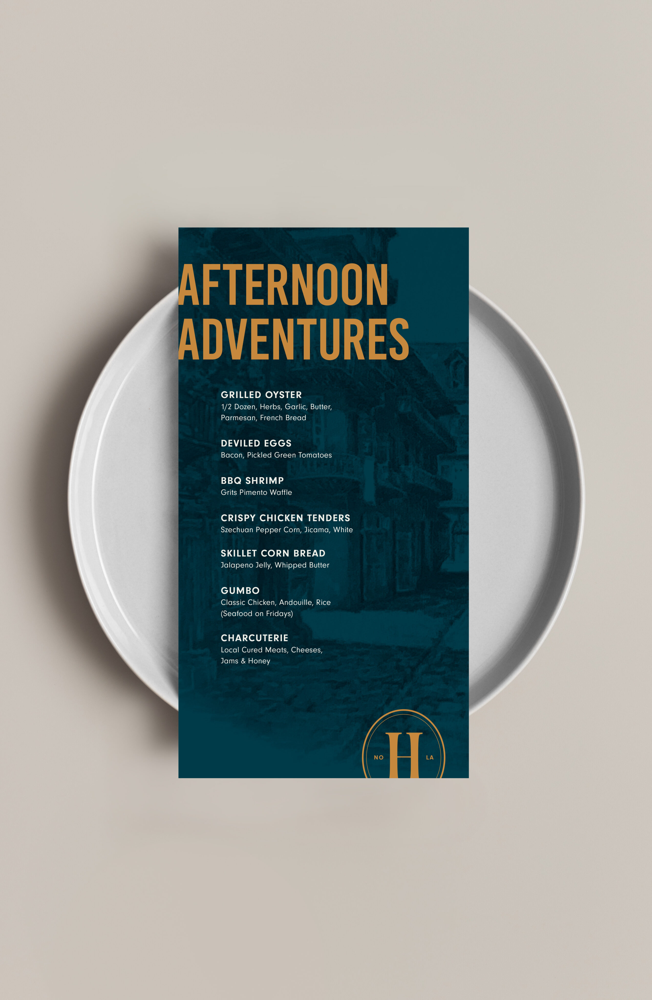 A menu titled "Afternoon Adventures" is placed on a white plate, listing items such as grilled oysters, deviled eggs, BBQ shrimp, crispy chicken tenders, skillet cornbread, gumbo, and charcuterie.