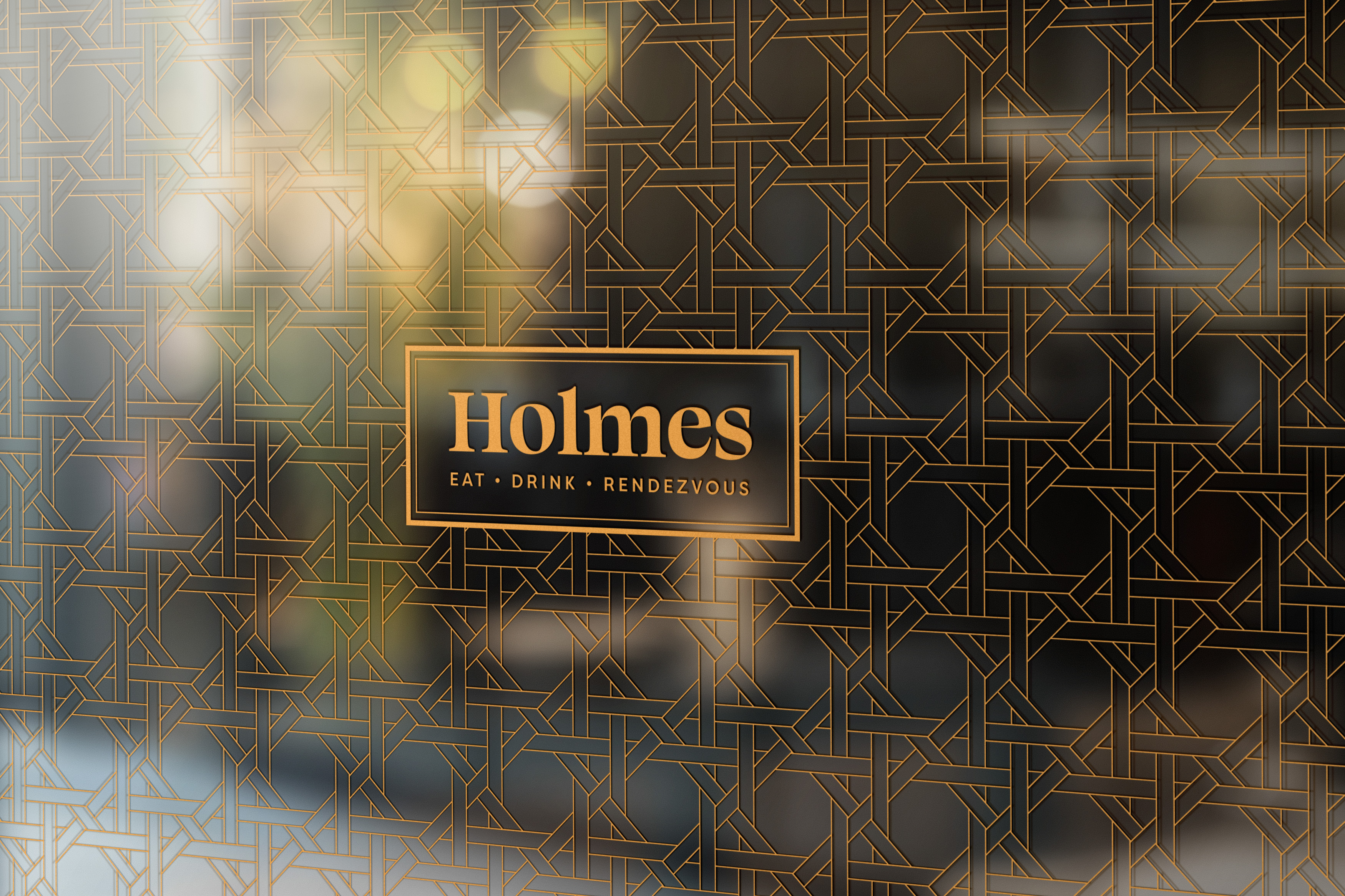 Gold geometric pattern with a sign reading “Holmes Eat • Drink • Rendezvous” on a glass surface.