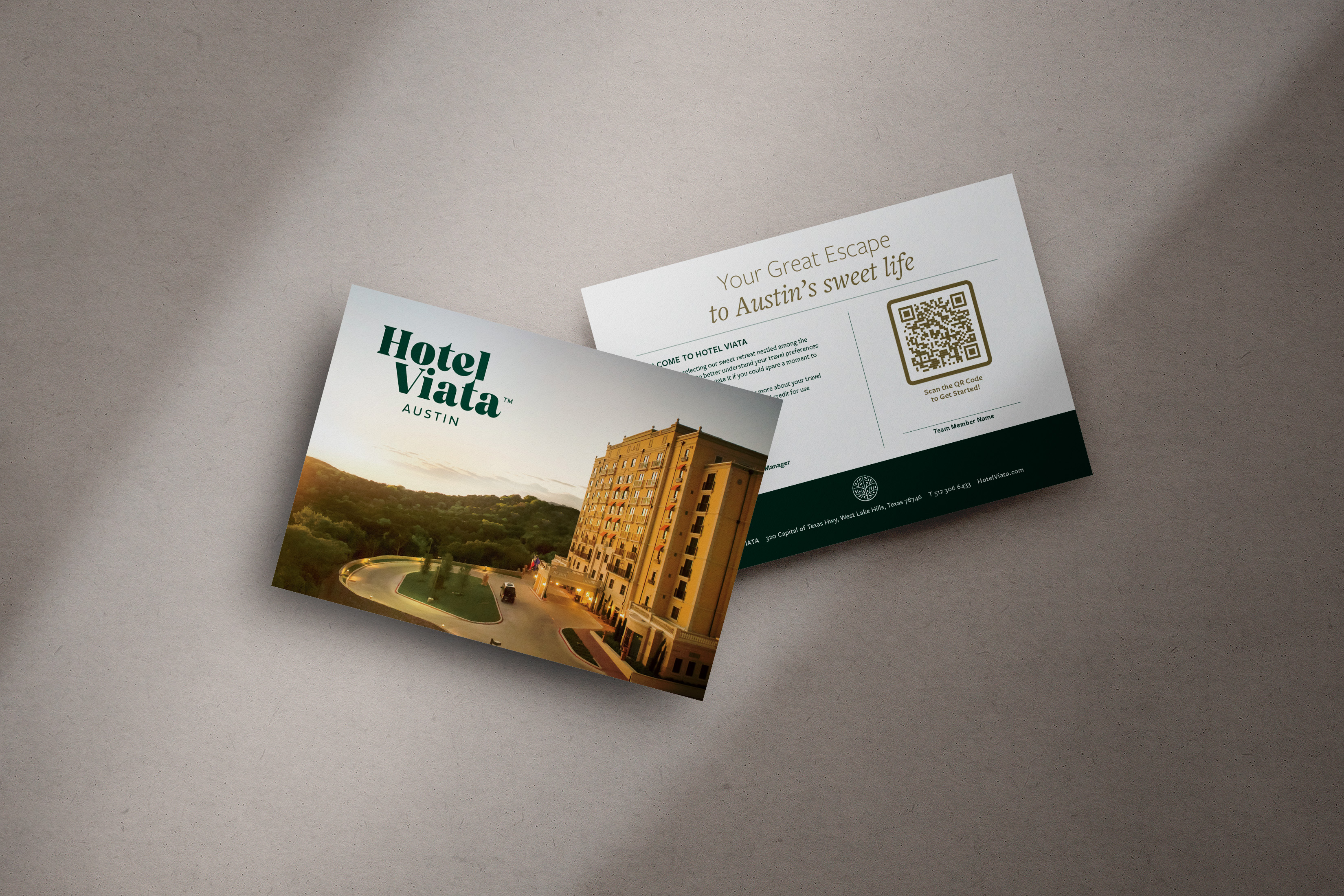 Two postcards for Hotel Viata Austin; one shows the hotel exterior and logo, the other displays a message, QR code, and contact information on a beige background.