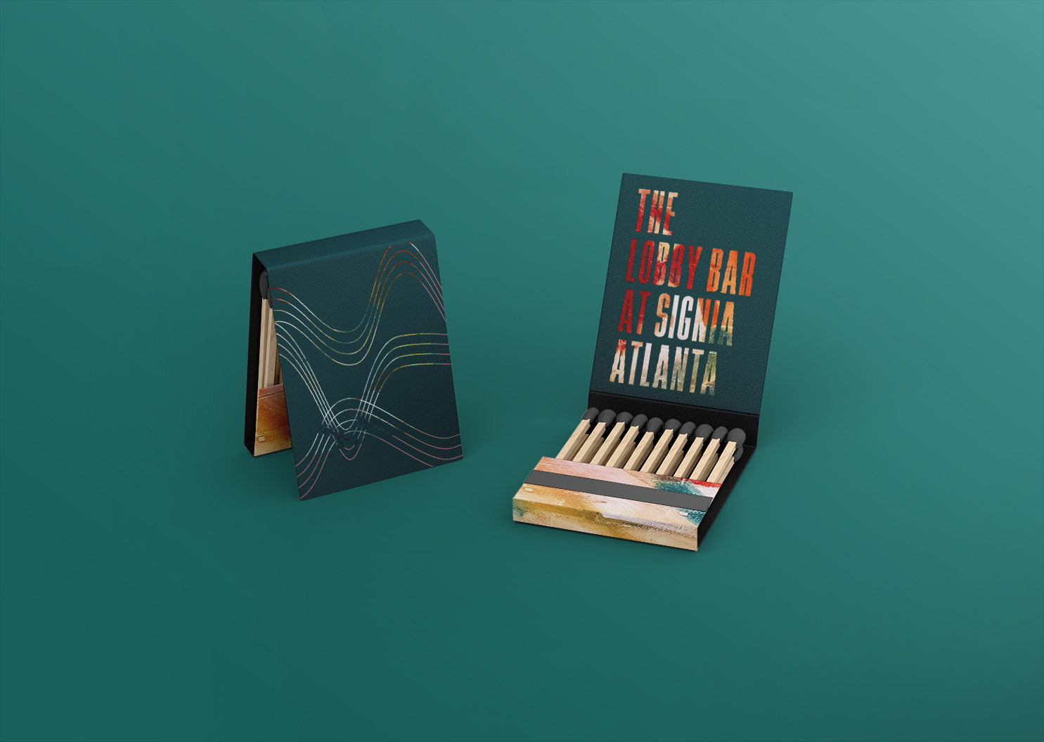 Two matchbooks on a green background; one is closed with abstract lines, the other is open, revealing matches and text: “THE LOBBY BAR AT SIGNIA ATLANTA.”.