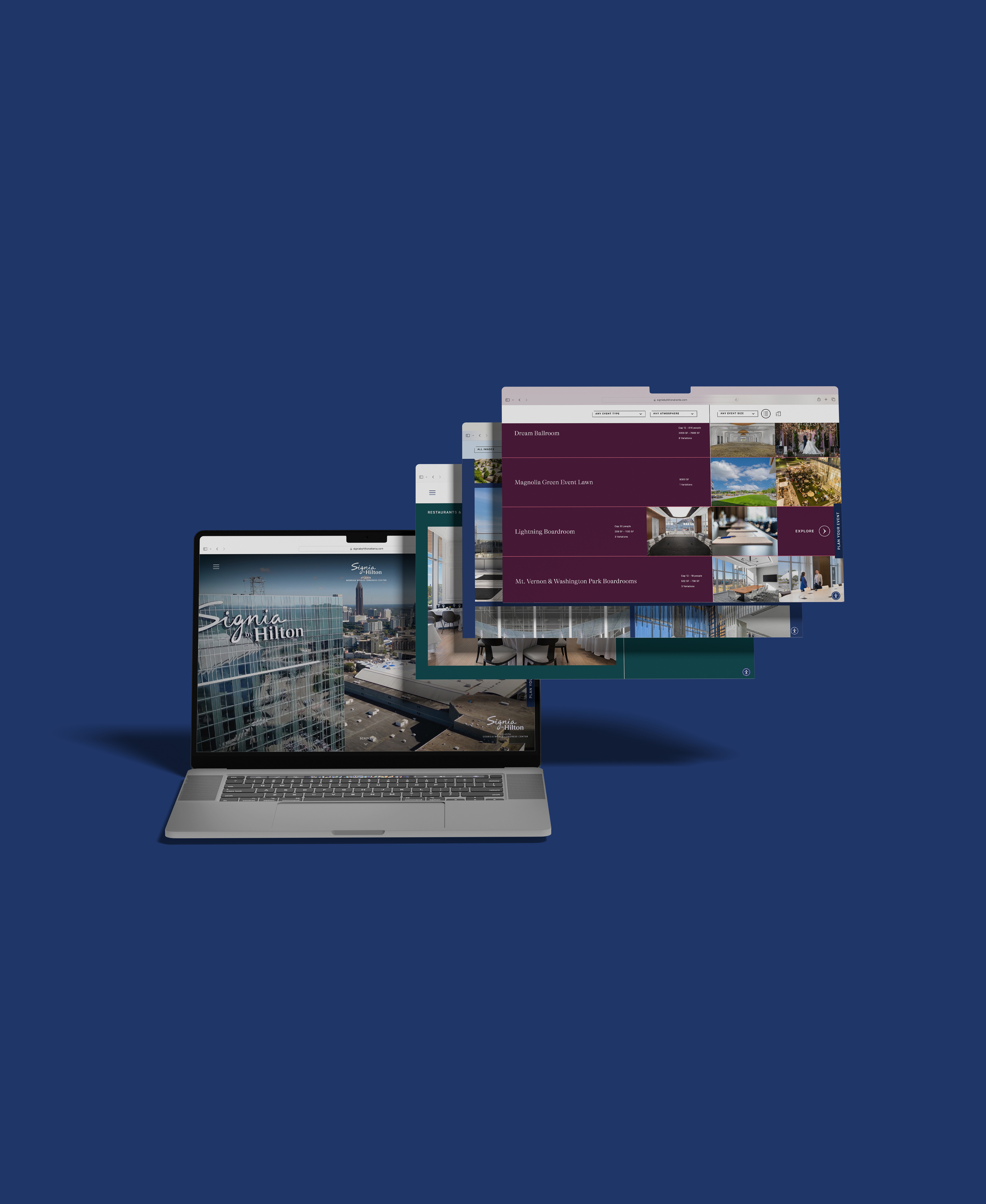 A laptop sits open on a blue background with multiple website windows emerging from its screen, displaying various modern website designs.