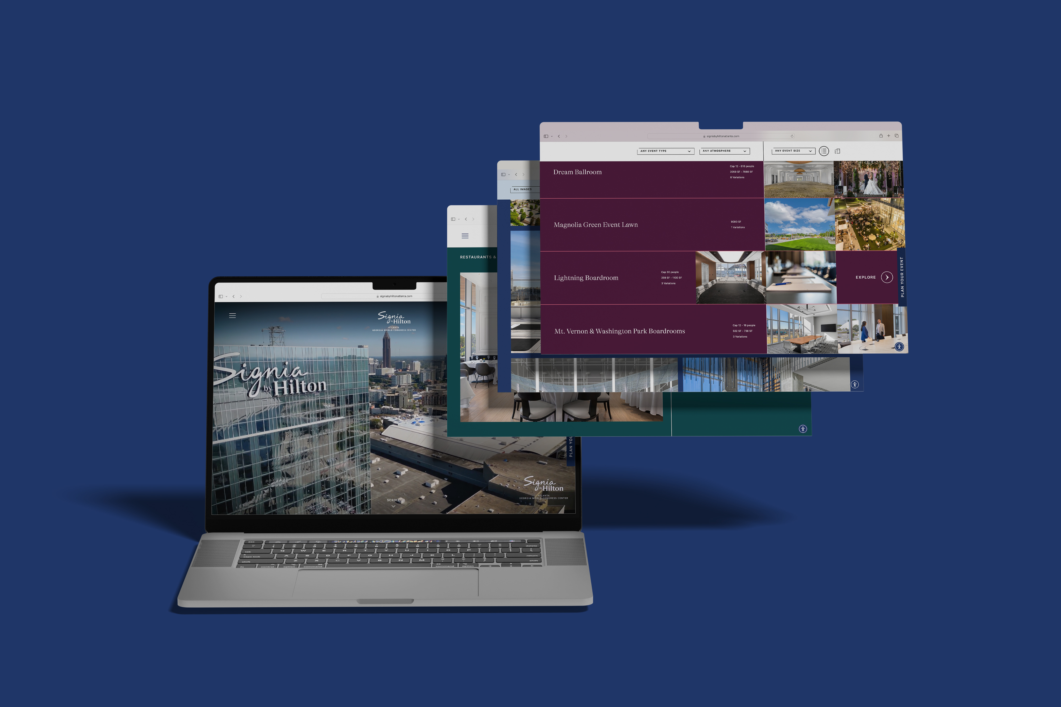 A laptop displaying the Signia by Hilton website sits on a blue background, with multiple browser windows showcasing different hotel web pages floating above it.