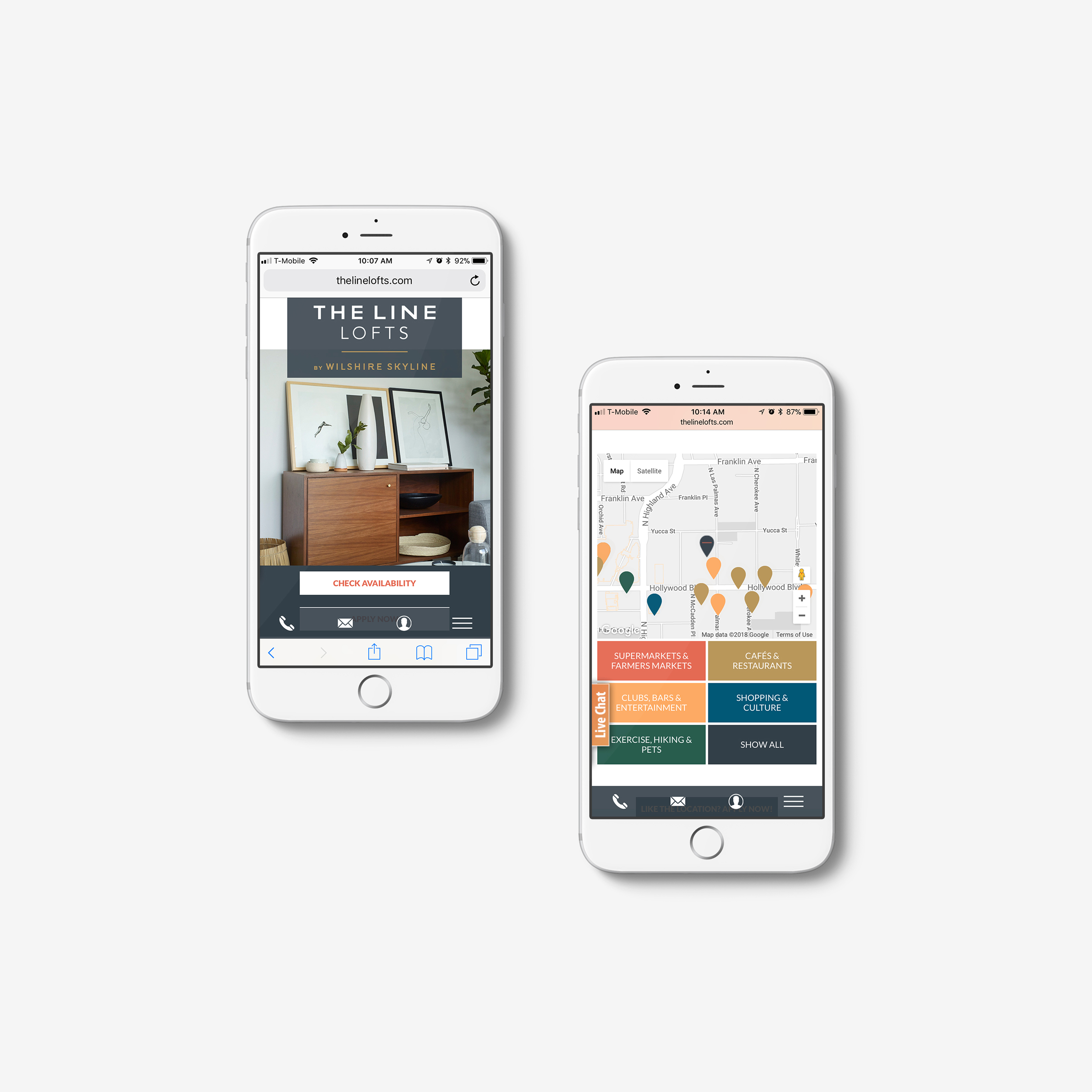 Two white smartphones display a real estate website; one shows a loft ad with a "Check Availability" button, the other shows a map with colored markers and category listings.
