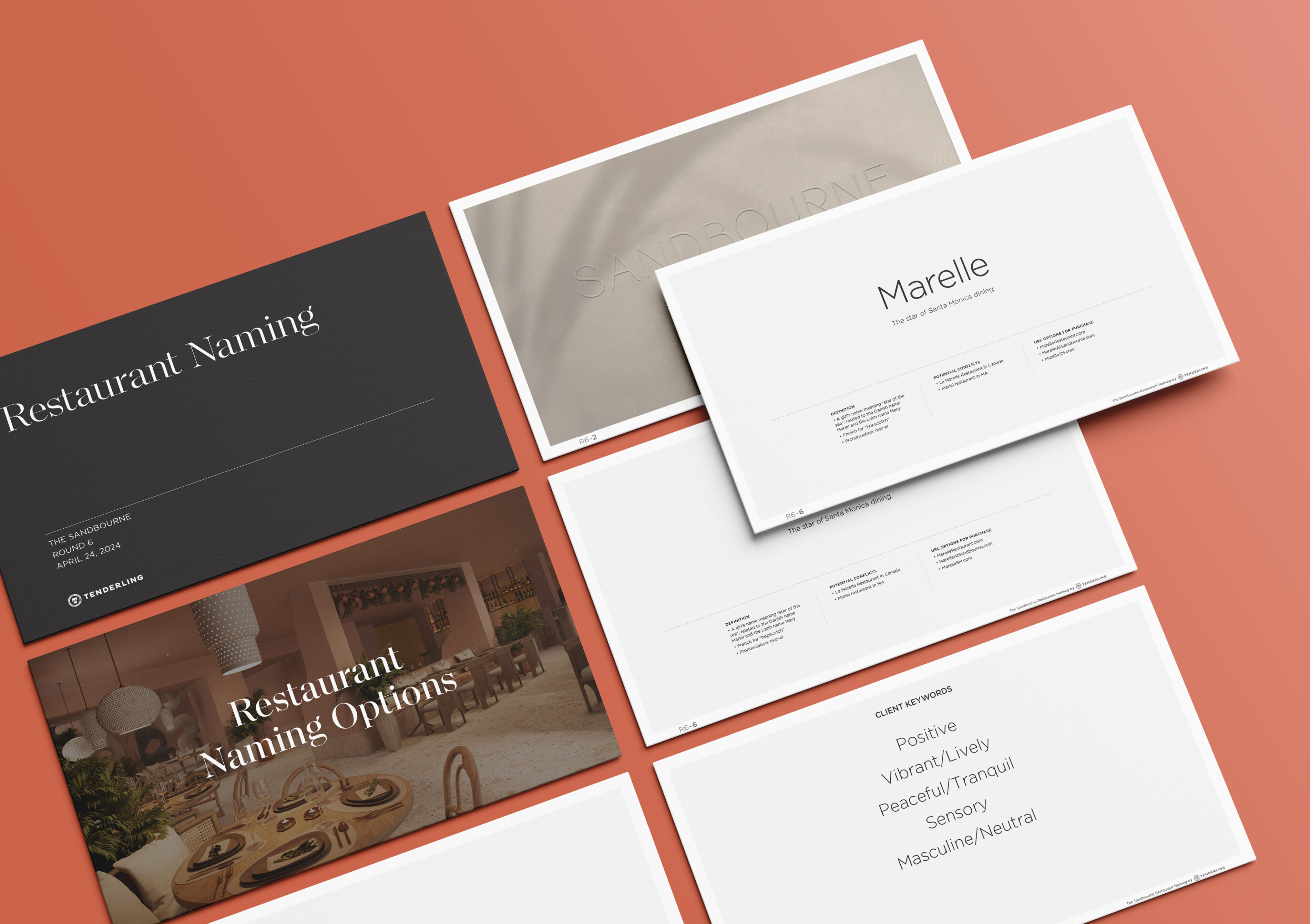 Six rectangular presentation slides are arranged on a coral surface, displaying text and images about restaurant naming options and sample names.