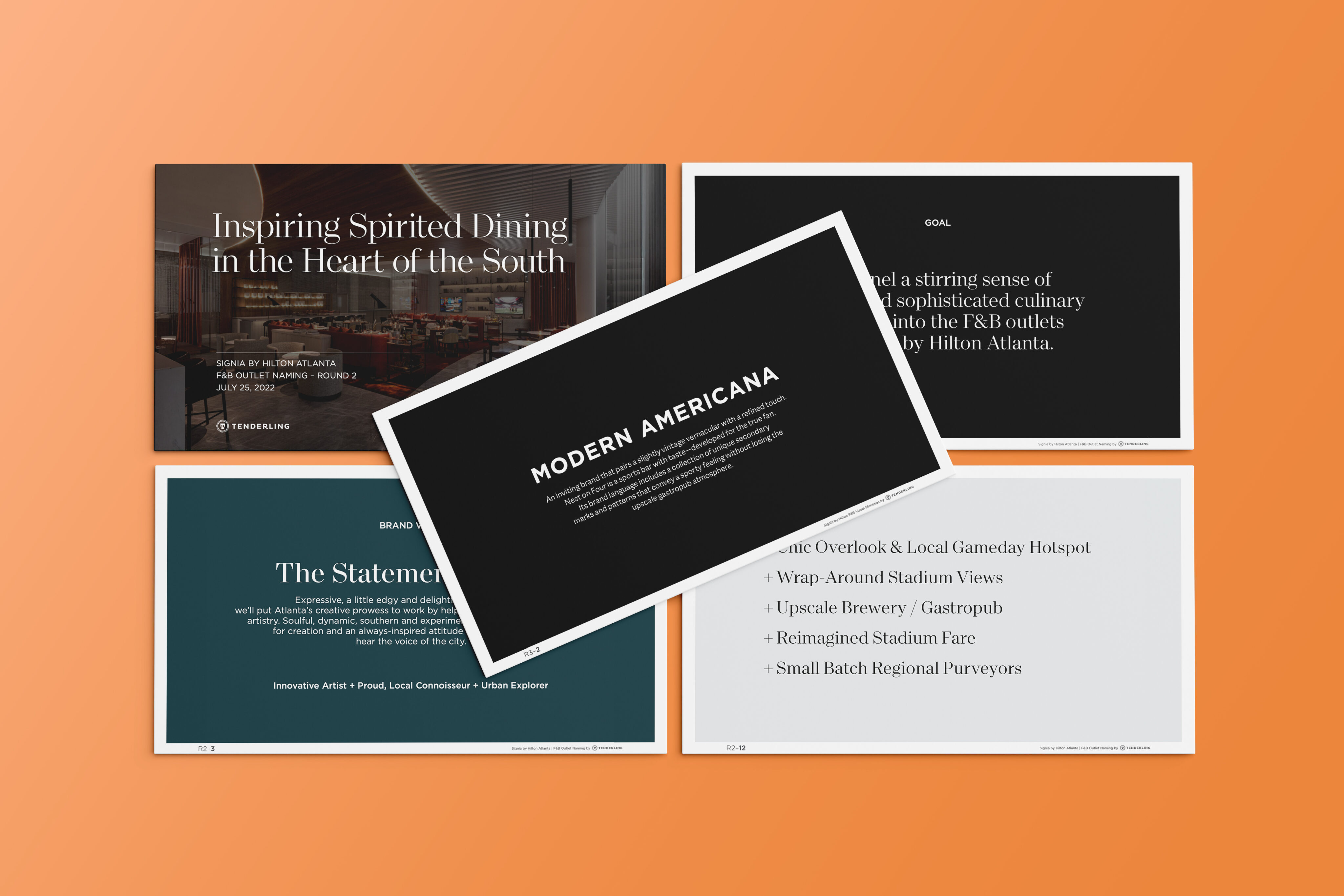 Five presentation slides are arranged on an orange background, featuring text about dining concepts, brand storytelling, and culinary experiences.