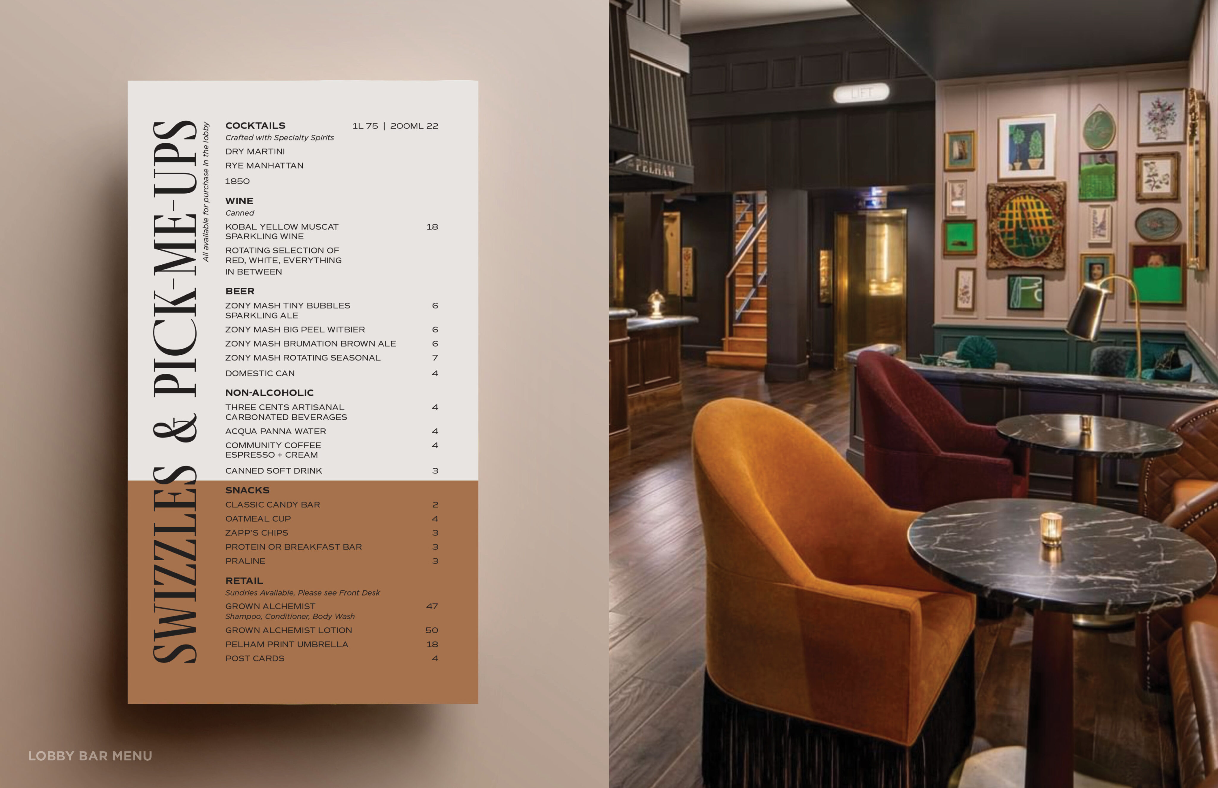 A lobby bar menu listing cocktails, wines, beers, non-alcoholic drinks, and snacks beside a photo of a modern bar lounge with velvet chairs and framed wall art.