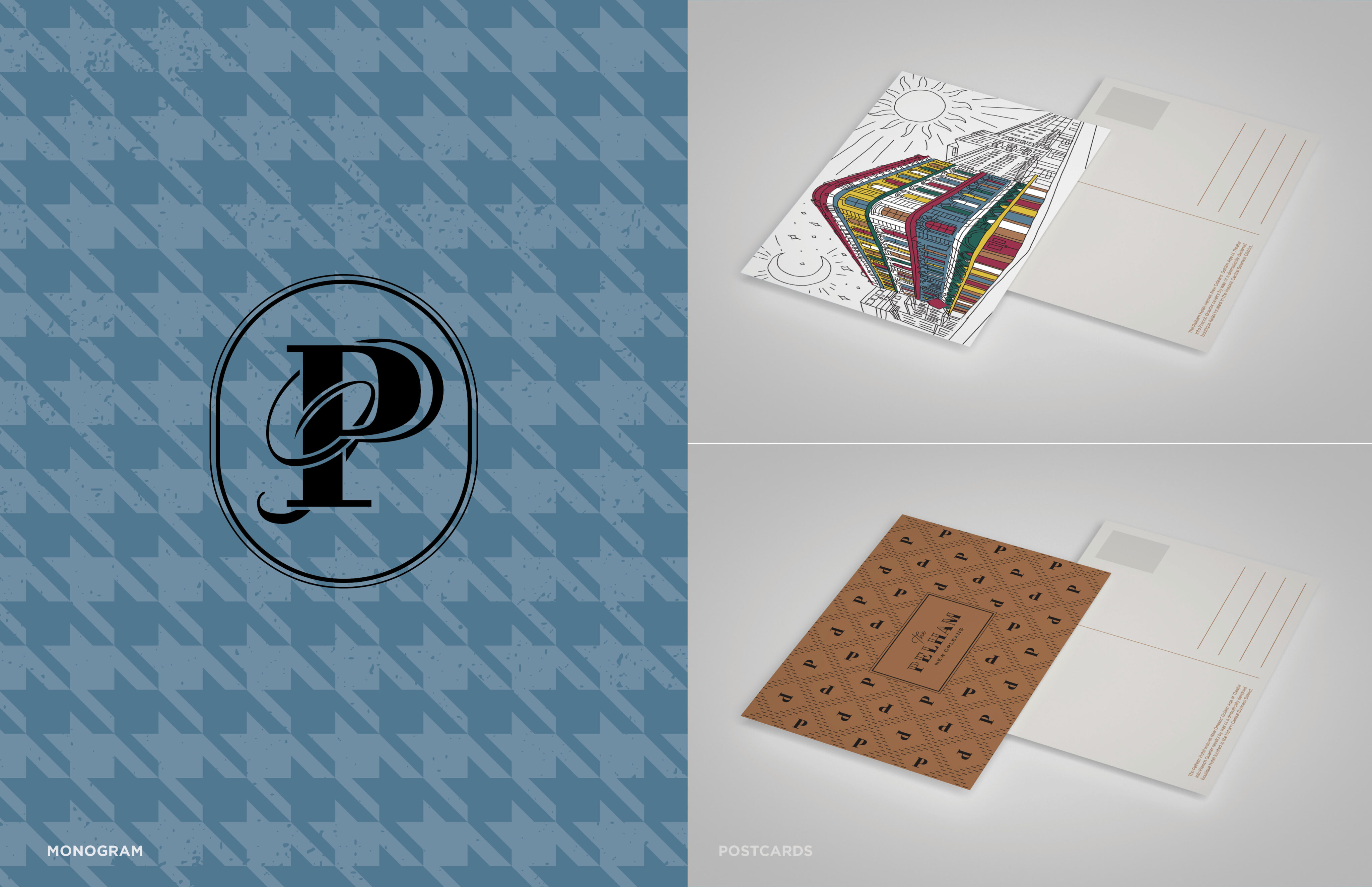 A blue monogram with the letter "P" is on the left; on the right, two postcards display colorful and brown geometric designs with blank spaces for addresses.