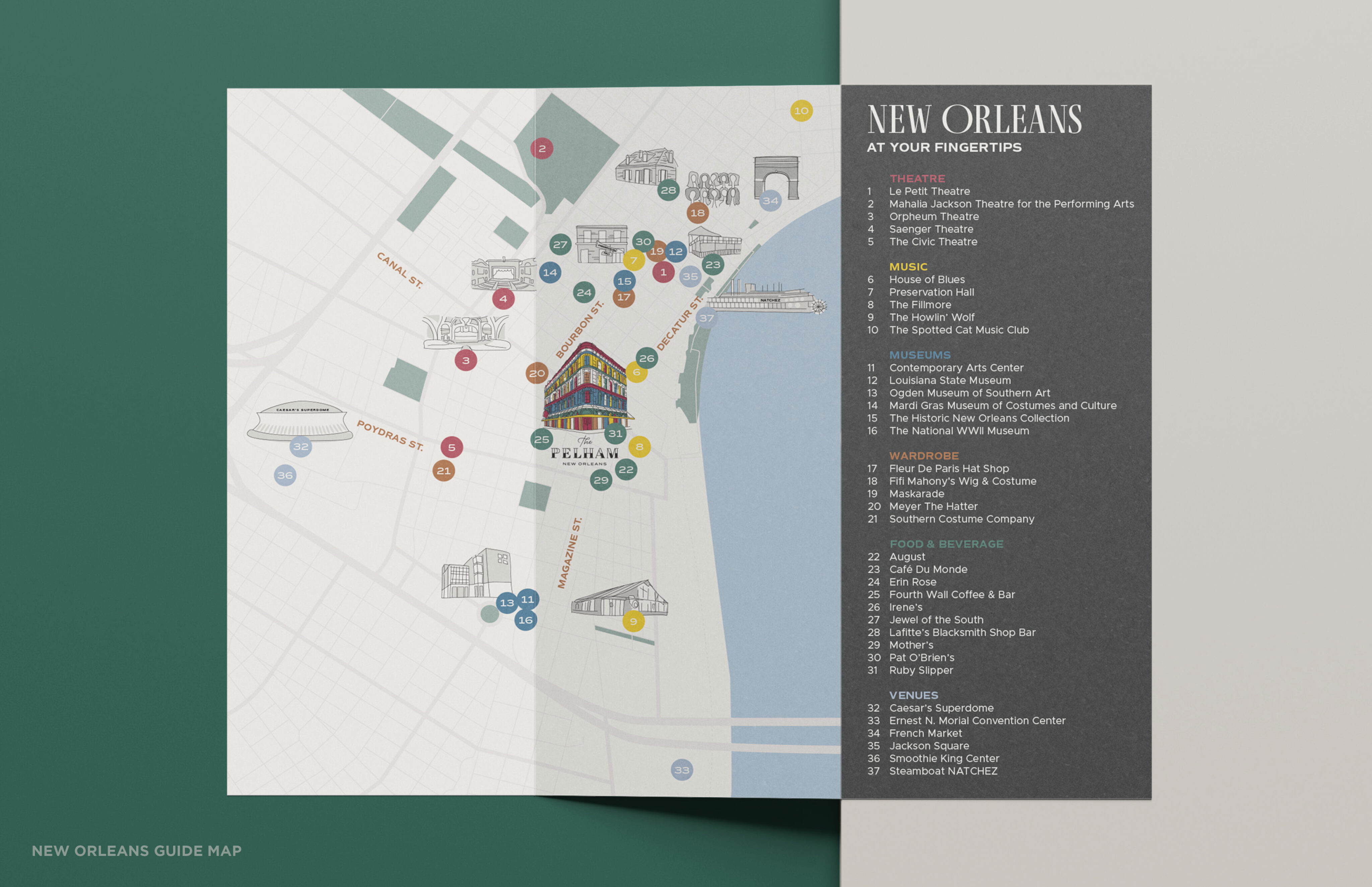 A map of New Orleans highlights key attractions and locations, accompanied by a numbered list of corresponding sites on the right.