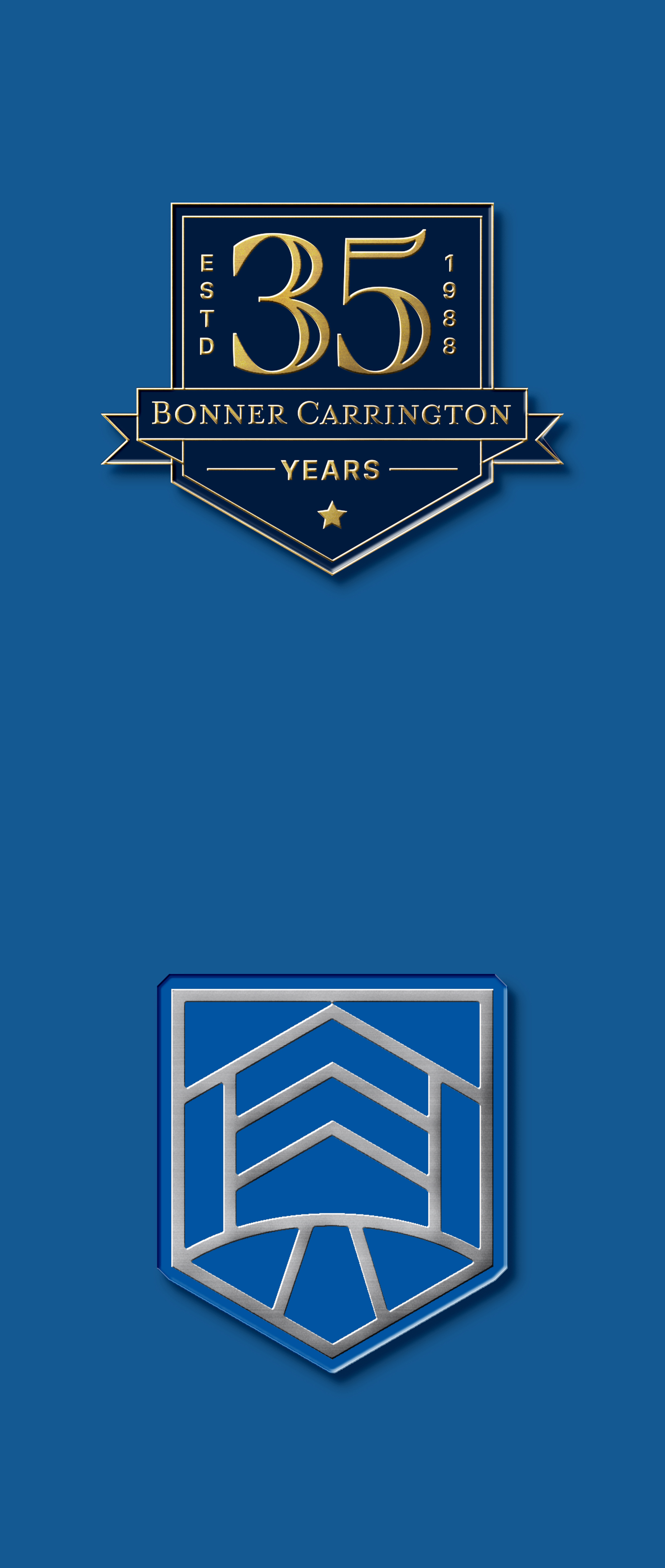 A gold and blue emblem reads "35 Years, Bonner Carrington, Est. 1988" above a geometric silver and blue shield logo on a solid blue background.