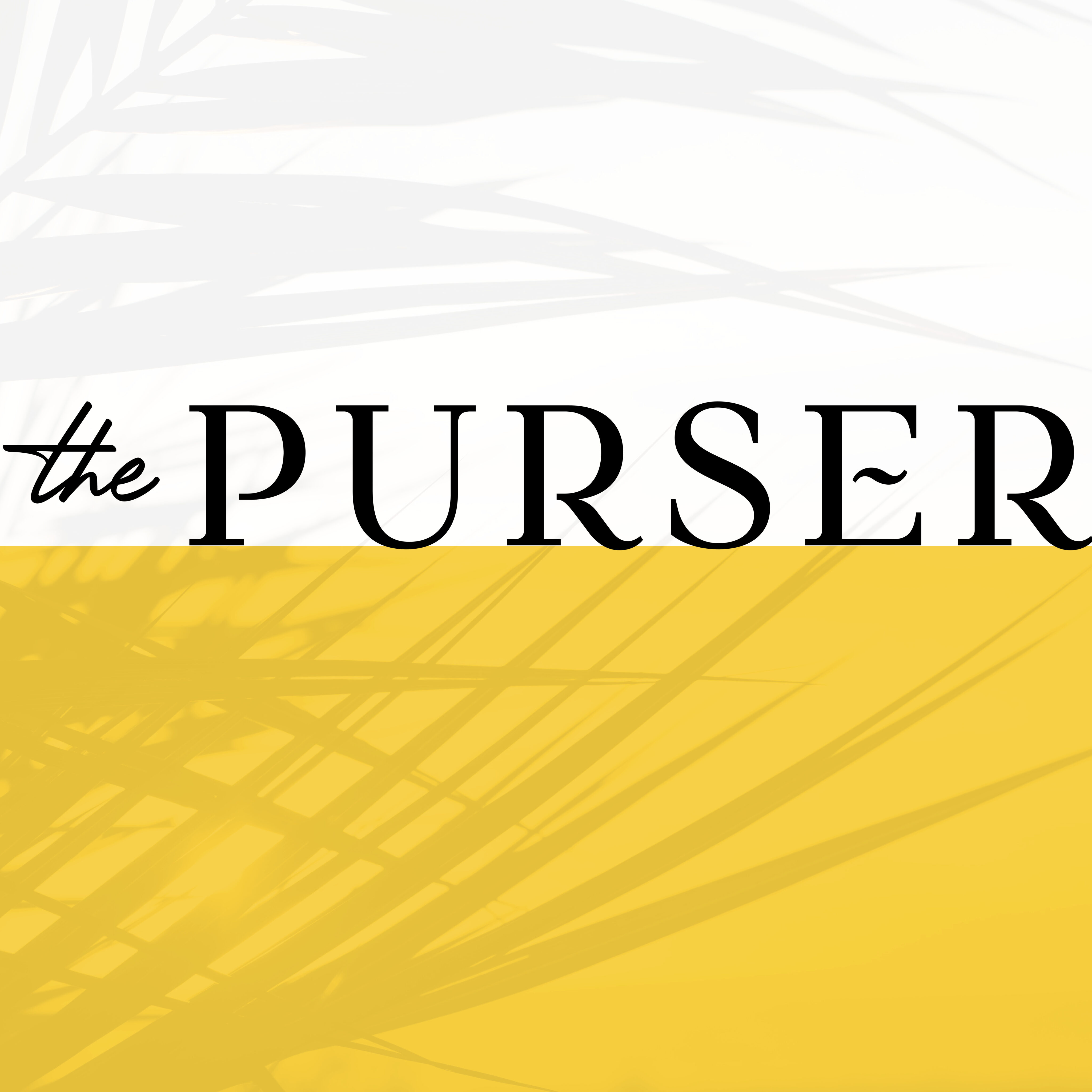 Text "the PURSER" is displayed over a white and yellow background with overlapping leaf shadows.