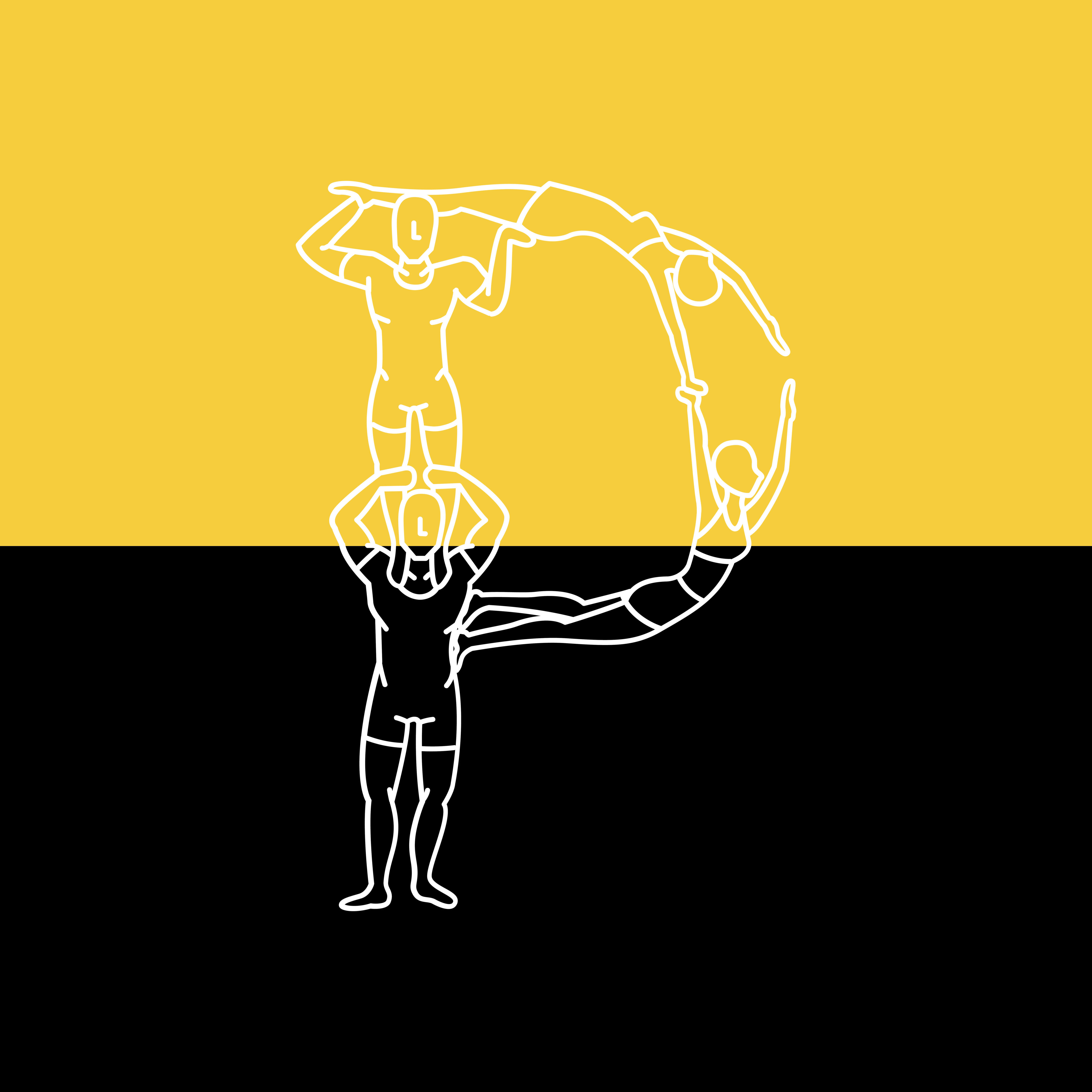 Three outlined acrobats form the shape of the letter "P" against a yellow and black split background.