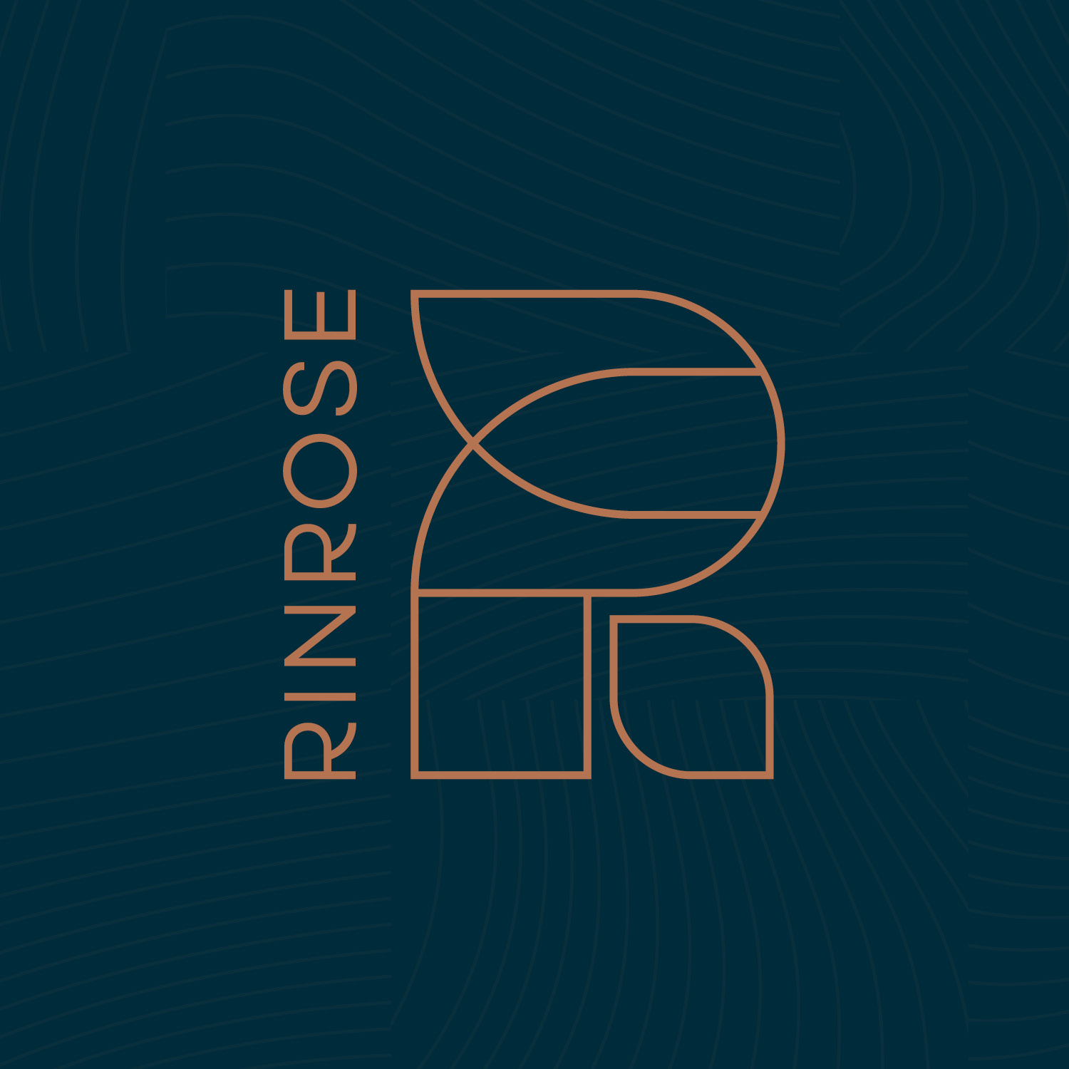 Minimalist logo with geometric lines forming the letter "R" and the word "RINROSE" written vertically on a dark patterned background.